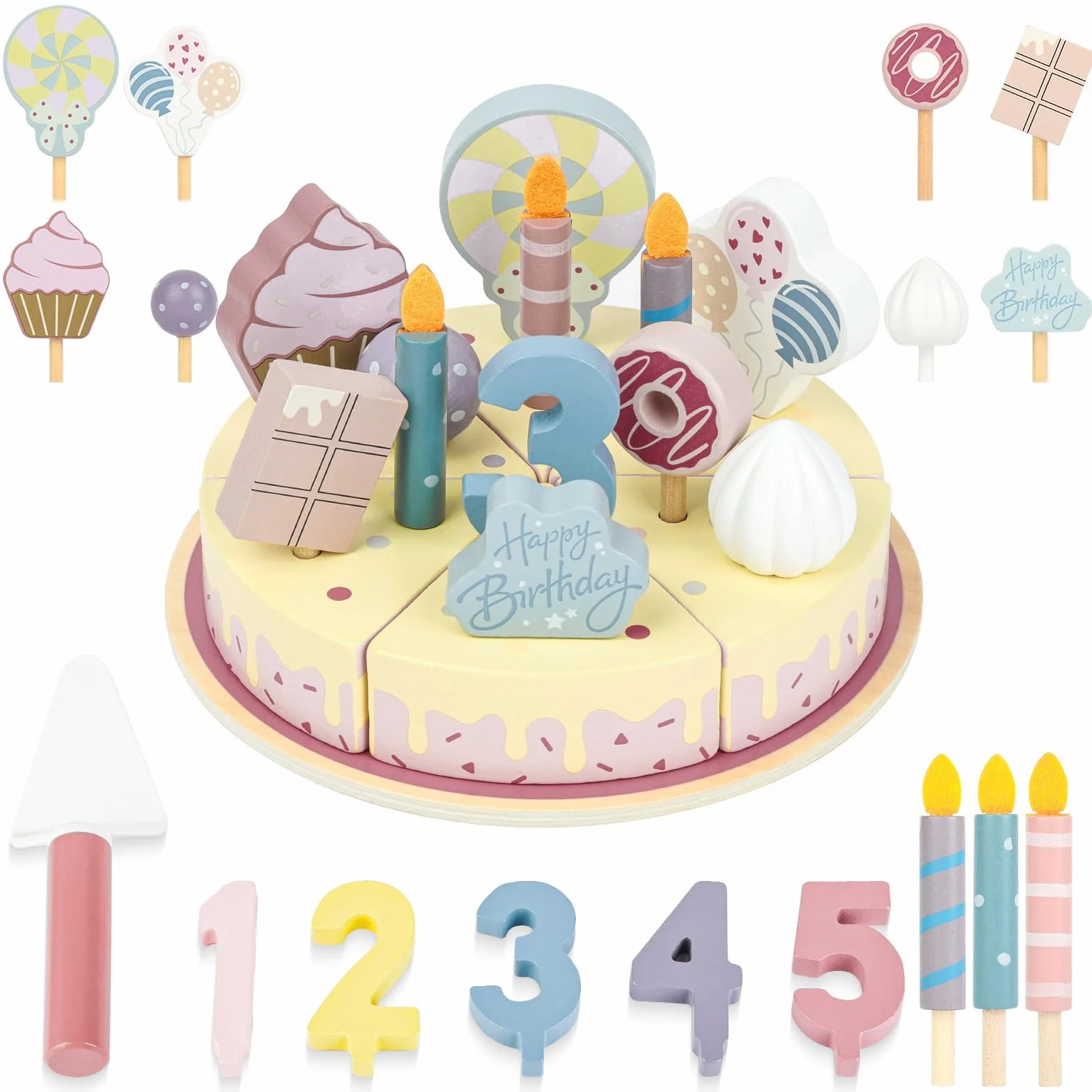 Ainiv Cucina Giocattolo per Bambini Bambino, Torta di Compleanno di Legno con Accessori, Giocattolo Educativo Montessori, Regalo Compleanno Pasqua Halloween Natale Ragazzo Ragazza 18 Mesi+ Anni, Rosa