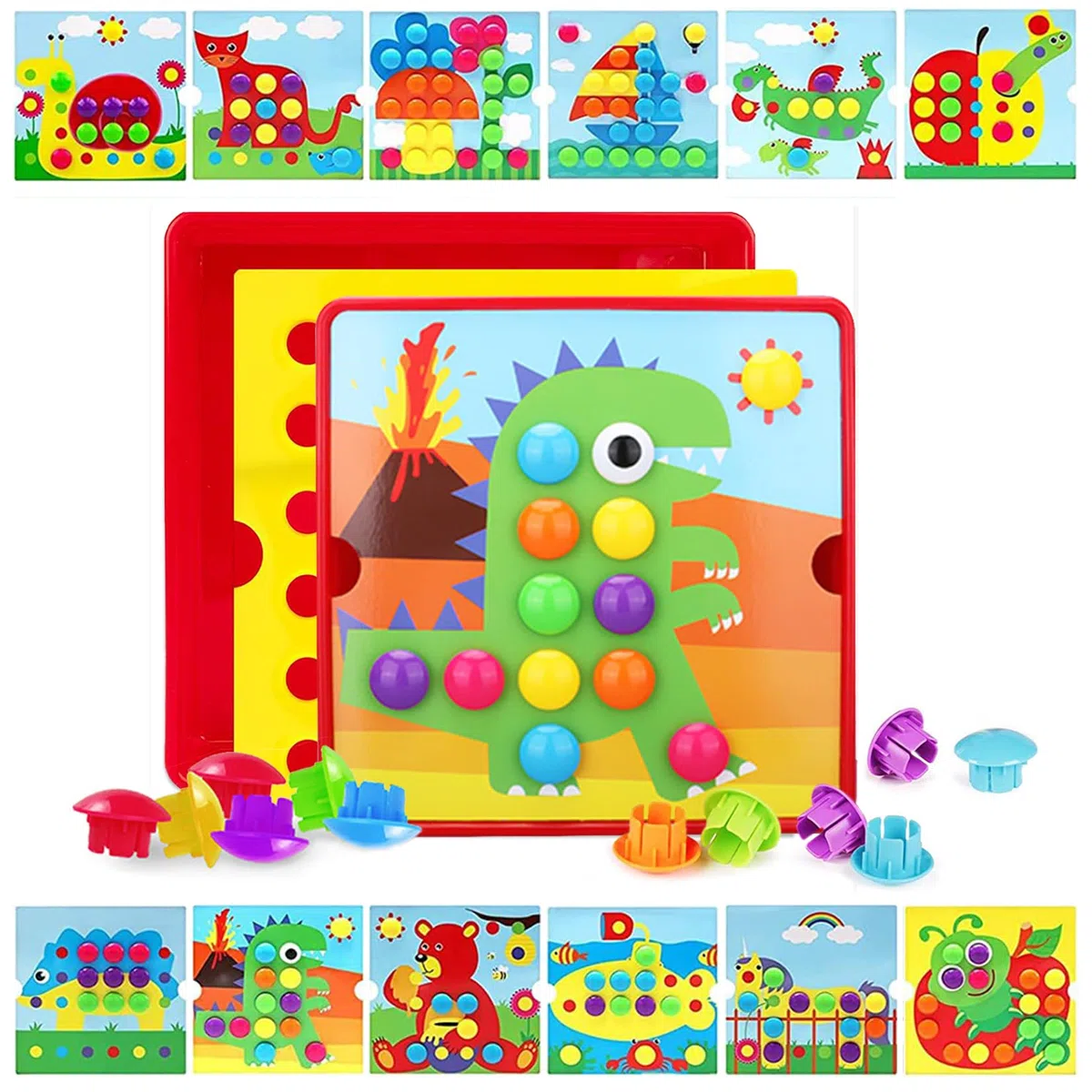 JurciCat Gioco Bottoni per bambini Con 46 grandi perline e 12 carte colorate Chiodini per bambini 2 anni Giocattolo educativo Regalare Regalo di Compleanno(Dinosauri)