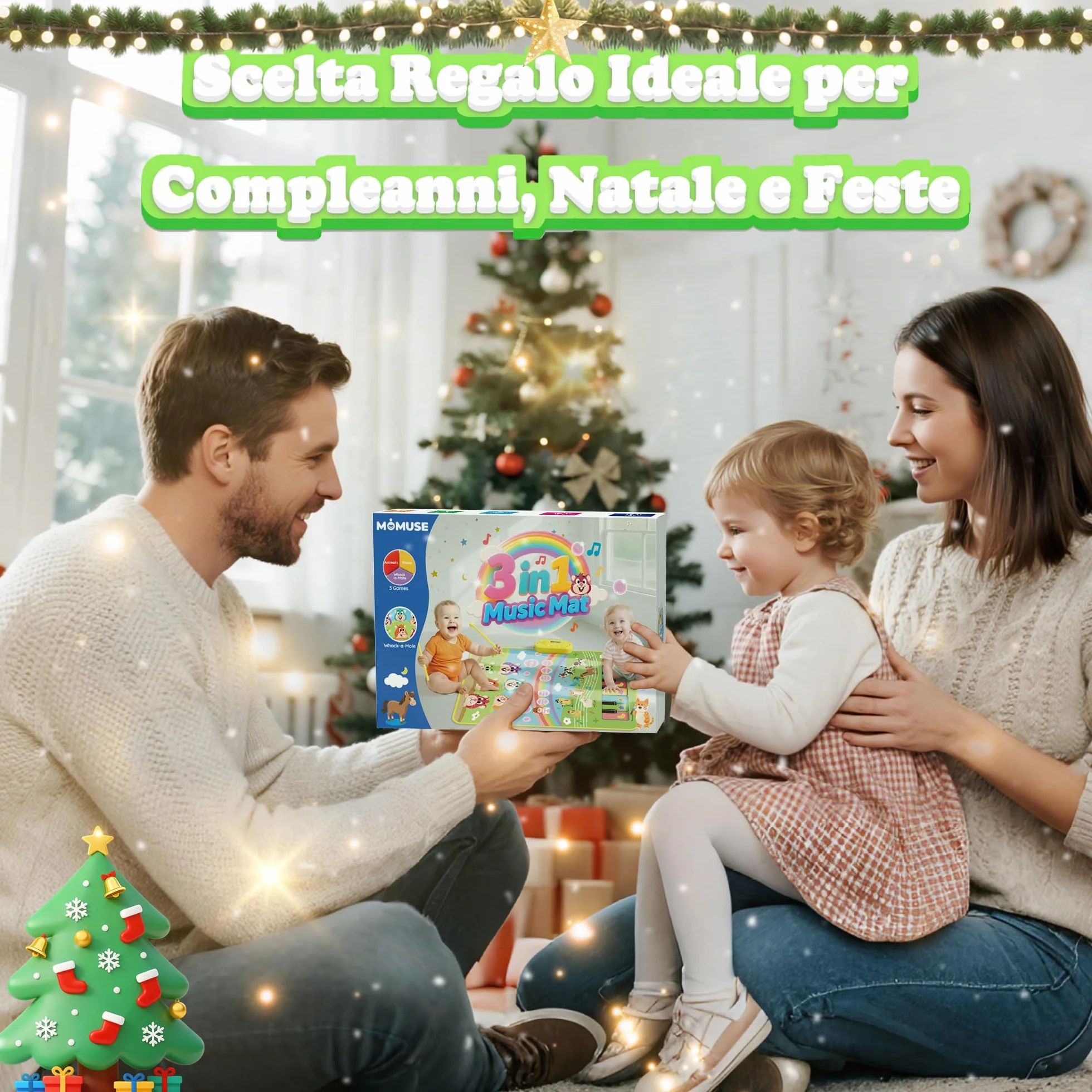 MOMUSE Tappeto Musicale con Gioco Colpisci la Talpa, Tappeto Pianoforte 3 in 1 per Bambini 1 2 3 Anni, Giocattoli Sensoriali Montessori per l'Apprendimento Precoce, Regali di Compleanno per 3 4 5 Anni
