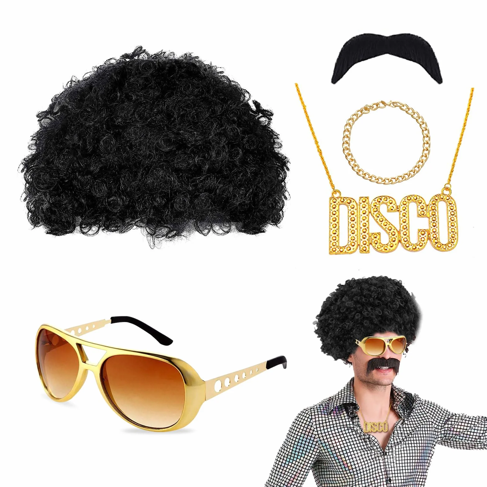 VIKSAUN 5 Pezzi Set di Costumi Hippie, Accessori Rapper Anni '80/'90, Parrucca Afro Funky, Parrucca Anni '70 '80 da Discoteca, Costume Anni '60 Anni '70 Costume Carnevale Discoteca Adatto