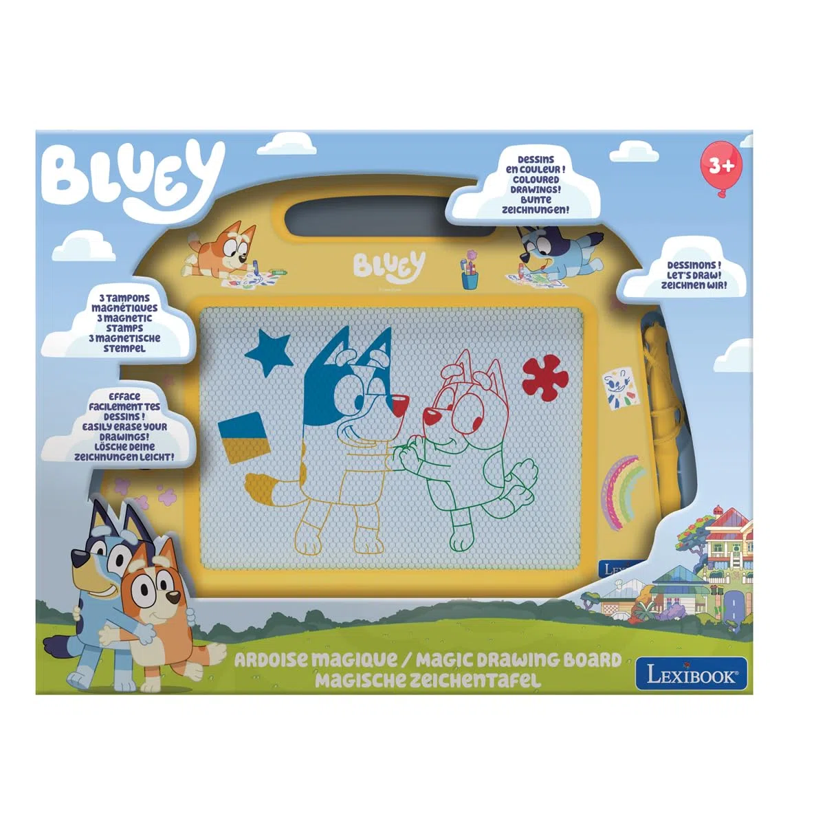 Lexibook, Bluey, Lavagna da Disegno Magnetica Multicolore, Giocattolo Artistico per Bambini con Stilo e timbri, Giallo/Blu, CRBY550LXB