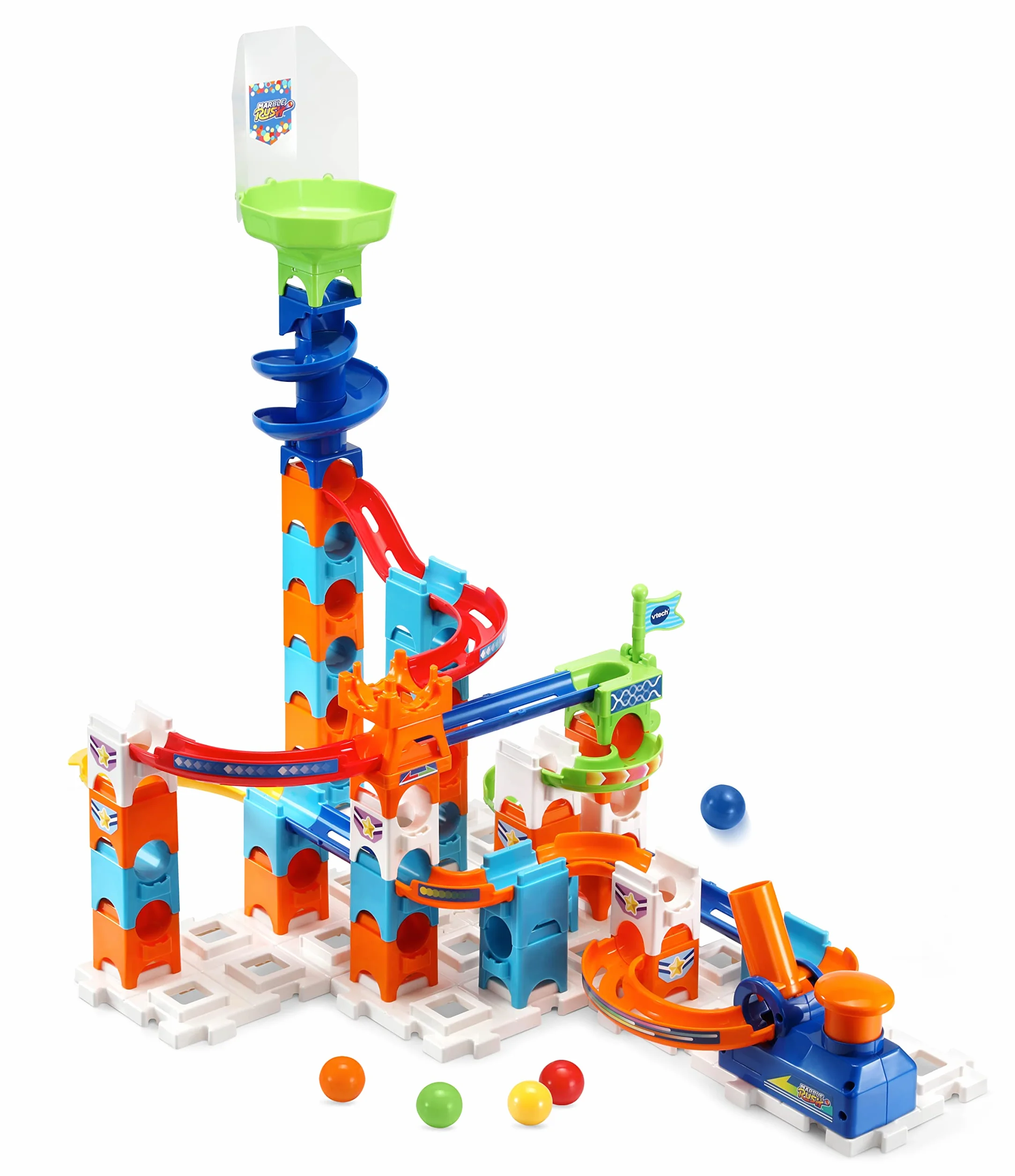 VTech Marble Rush - Adventure Set, Pista per Biglie con 62 Pezzi, 5 MarbleBiglie Incluse, Lanciatore e Area di Lancio, Molti Passaggi Segreti e Bivi, Tante Combinazioni, Batterie Incluse, 4+ Anni