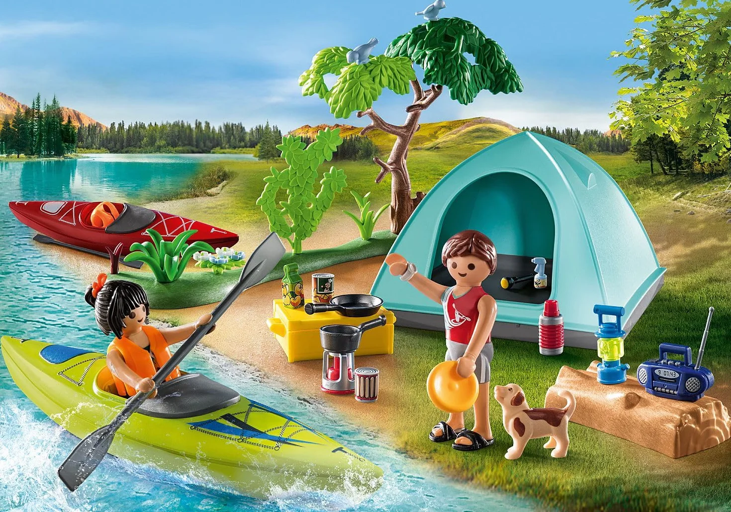 PLAYMOBIL Family Fun 71425 Avventura in Canoa, Camping, Divertente Avventura all'aperto in Campeggio, Canoa e falò, Una Vacanza condivisa nella Natura, Giocattolo per Bambini dai 4 Anni in su