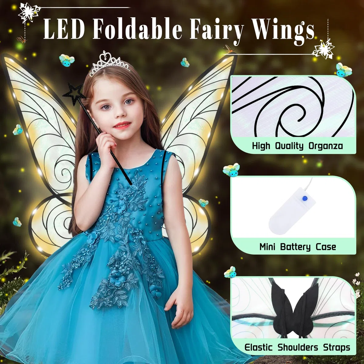 Ali Di Fata Luminose, Ali Di Fata Donne Adulte Bambini Ragazze Led Ali Di Fata Campanellino Ali Di Fata Costume Di Fata Donne Illuminare Le Ali Di Farfalla per Halloween Cosplay Them Party