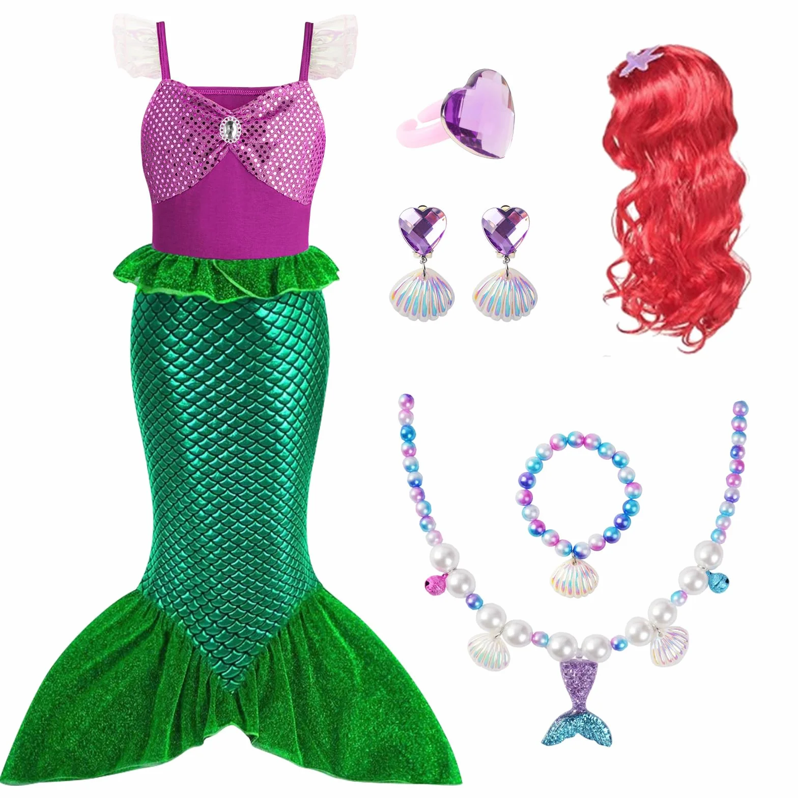 AOOWU Costume da Sirenetta Bambina, Vestito con Parrucca, Ariel Bambine Sirena con 5 Pezzi Accessori, Costumi Cosplay per Halloween, Natale, Compleanno