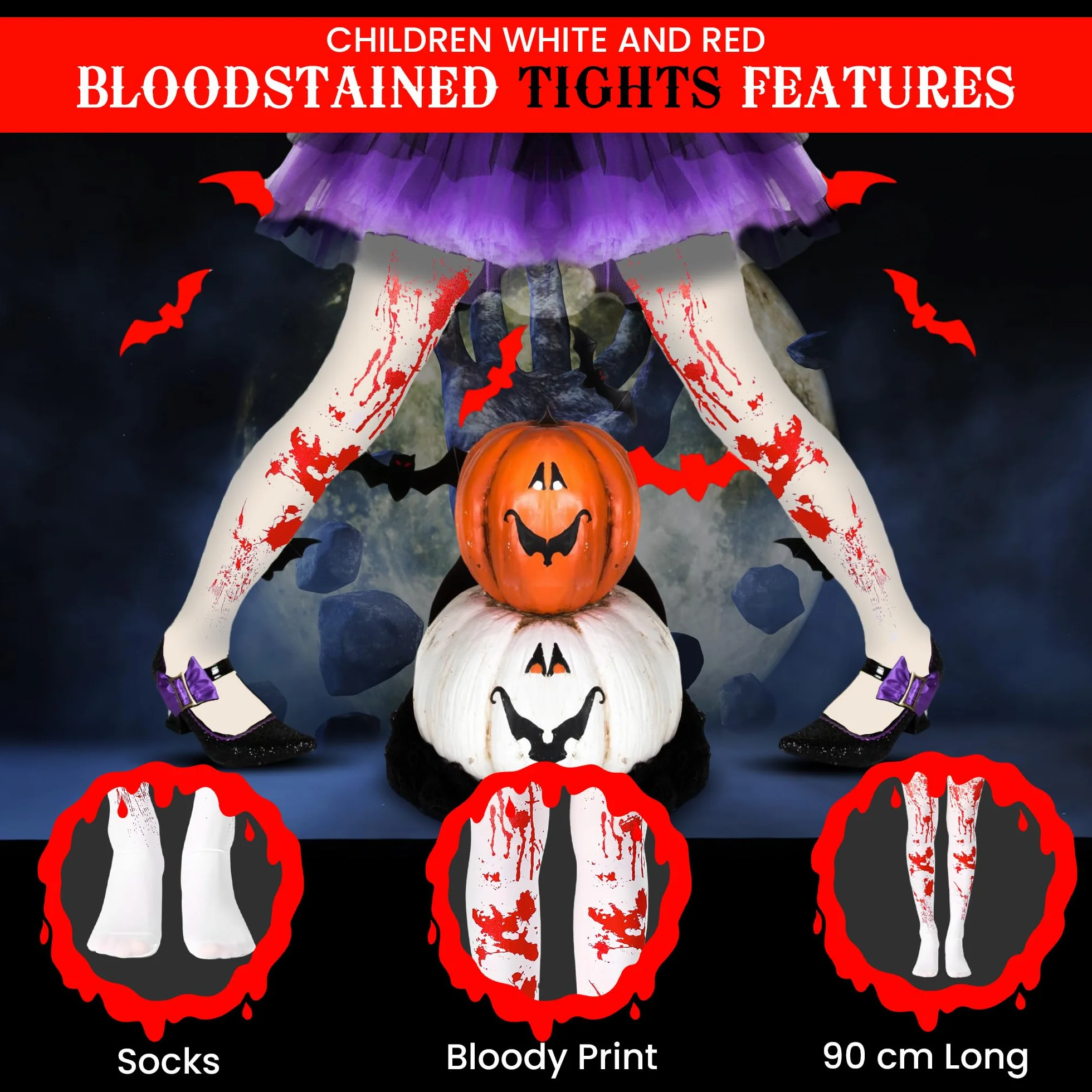 Collant macchiati di sangue per bambini costumi di Halloween - Collant macchiati di sangue rosso e bianco per età 7-12 - 1 paio di calze sanguinanti per ragazze zombie costumi di Halloween accessori
