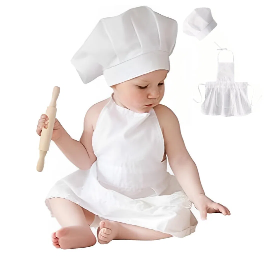 Set da Cuoco per Neonato,Baby Chef Grembiule e Cappello Neonato per Foto,Cappello e Grembiule Cuoco Bambino