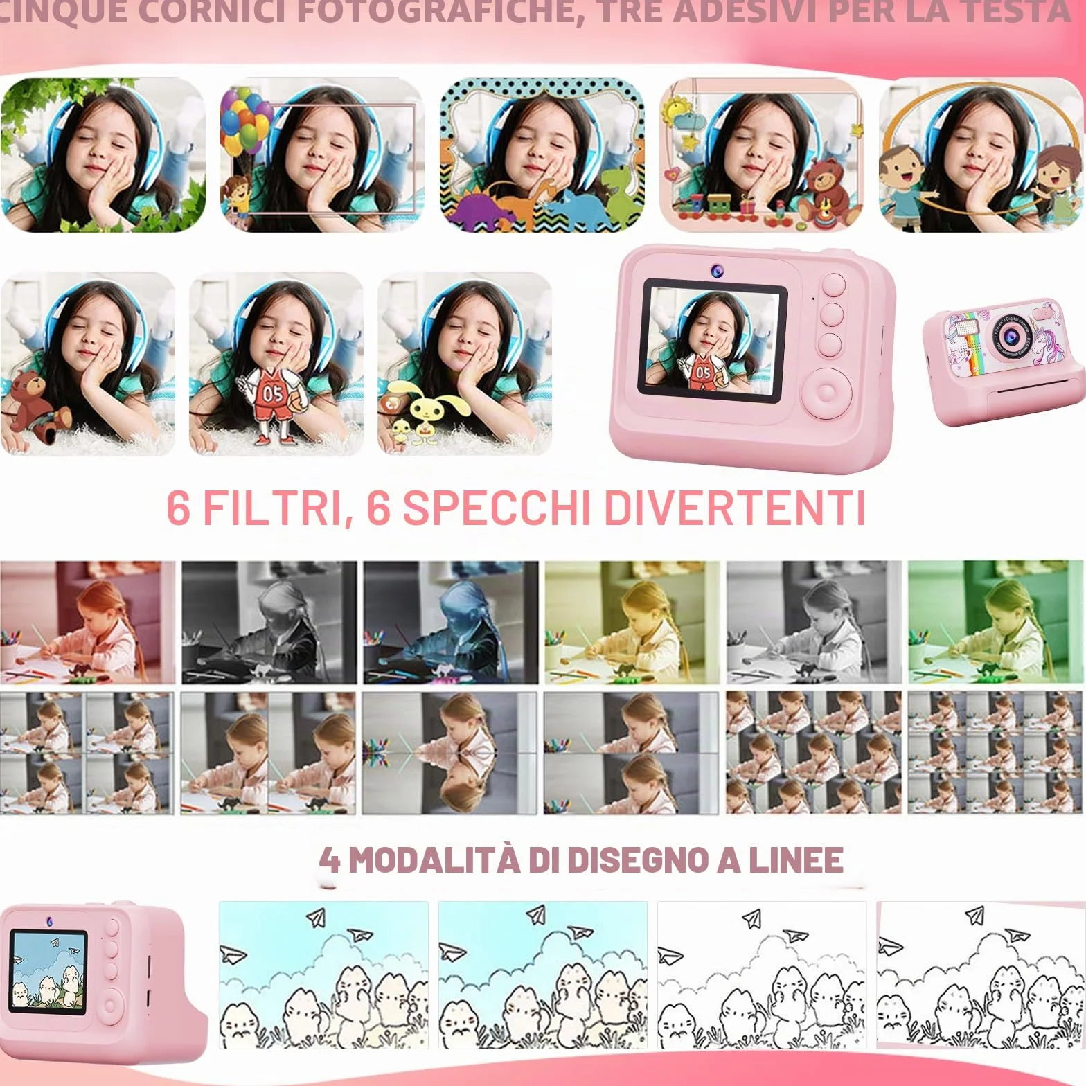 Fotocamera Istantanea per Bambini, Fotocamera Bambini HD 1080P con Schermo da 2,4 Pollici, Scheda da 32 GB e 3 Rotoli di Carta da Stampa, Ragazze e Ragazzi da 3 a 12 Anni (Rosa, carino)