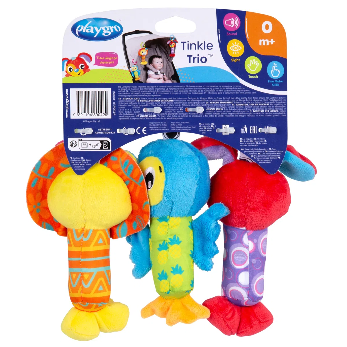 Playgro Trio di Pupazzi da Appendere, Con Tintinnio, Sonaglio e Campanellina integrati, A Partire dalla Nascita, Multicolore, 40193