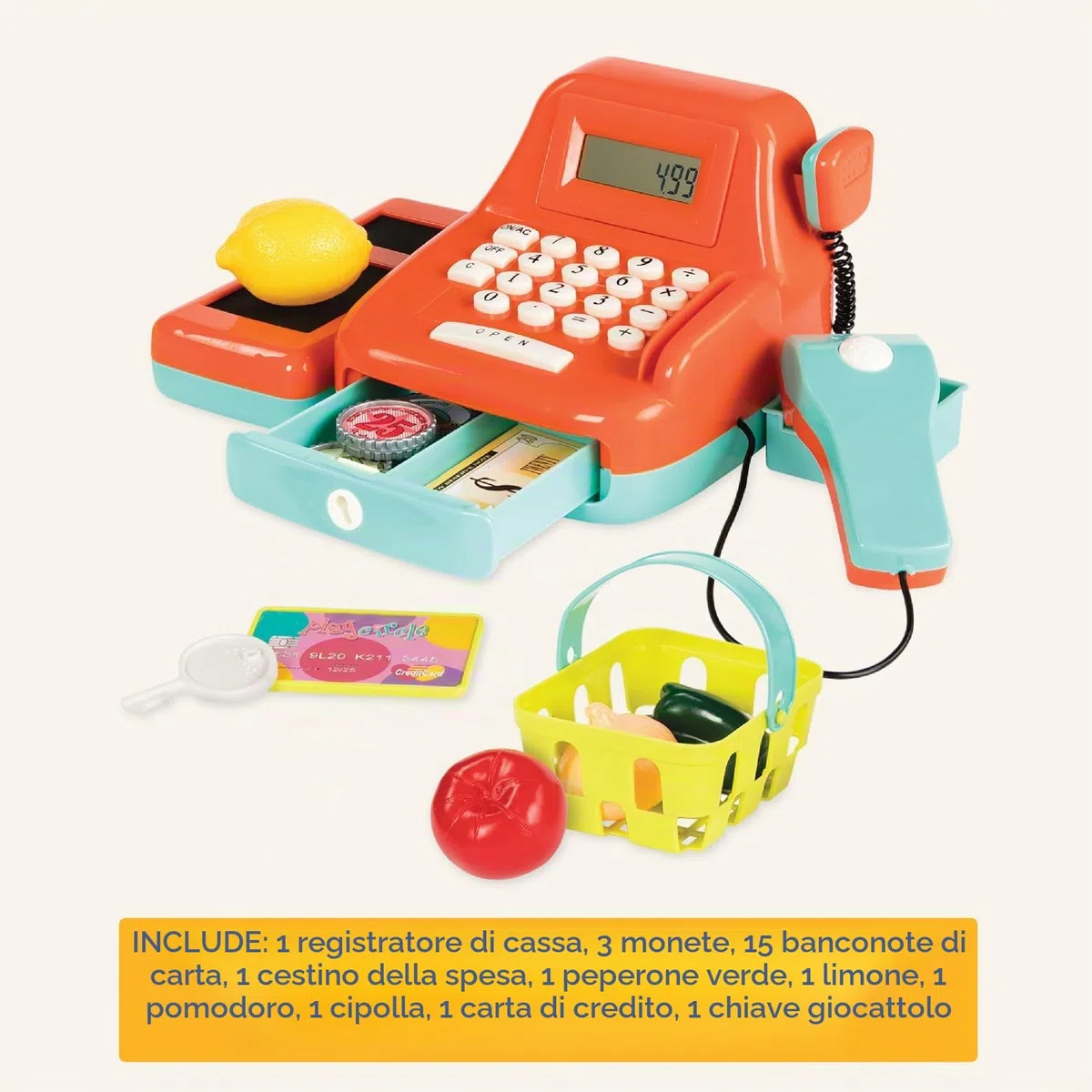 Battat - Registratore di cassa - Registro dei giochi di finzione - Calcolo del registro di cassa - Accessori per la spesa dei bambini - Scanner e suoni - 3 anni +