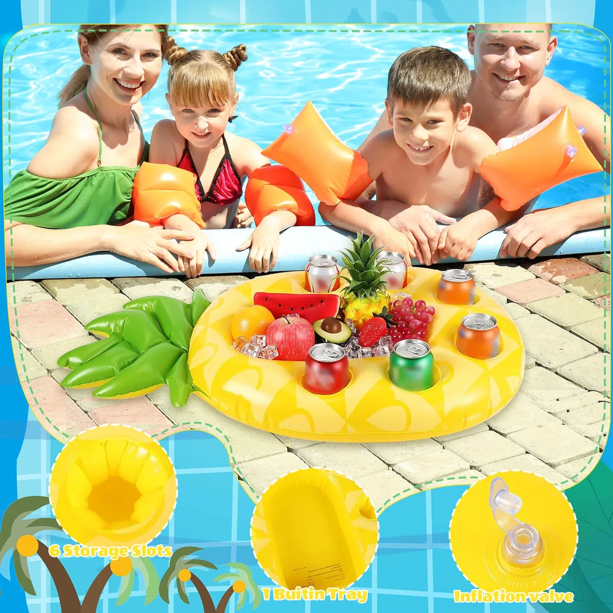 Portabevande gonfiabile, galleggiante, per bevande 2 in 1 e snack, per piscina, 8 fori, grande capacità, bellissimo portabottiglie gonfiabile, per l'estate e per la piscina