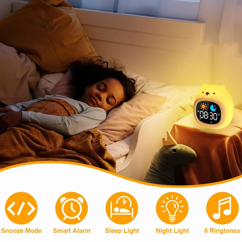 HOTUT Sveglia Bambini, Sveglia Digitale per Bambini, Sveglie da comodino con Luce Notturna Funzione Snooze Timer, 8 Colori Dimmerabile Lampada Notturna Ricaricabile, 6 Suonerie&Colori 8 Musica, Orso