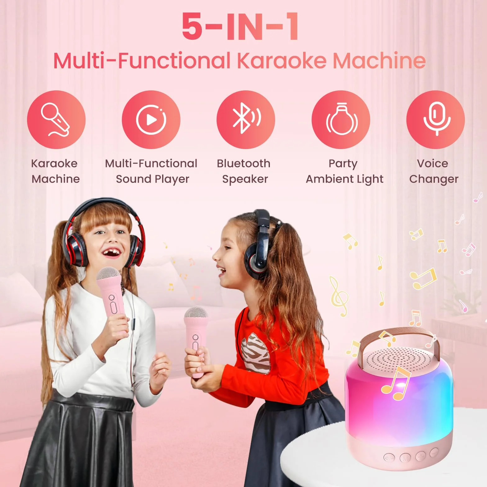 AIUNAOM Macchina per Karaoke con 2 Microfoni Senza Fili per Bambini, Cassa Bluetooth Portatile con LED ed Effetti Sonori - Regalo di Natale Ideale per Ragazze 3-12 Anni