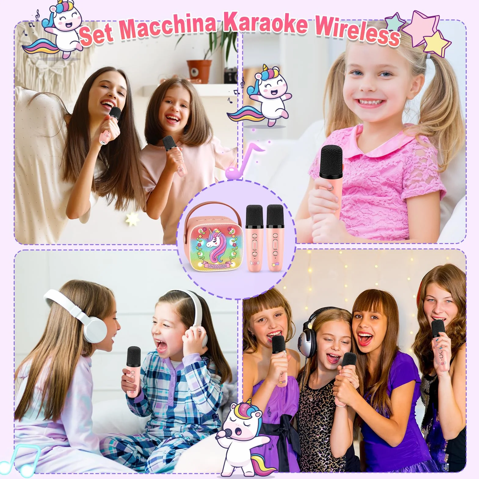 Karaoke per Bambini con 2 Microfono Wireless, Unicorno Regalo Bambina 3-12 Anni Portatile Bluetooth con DSP e Luci LED
