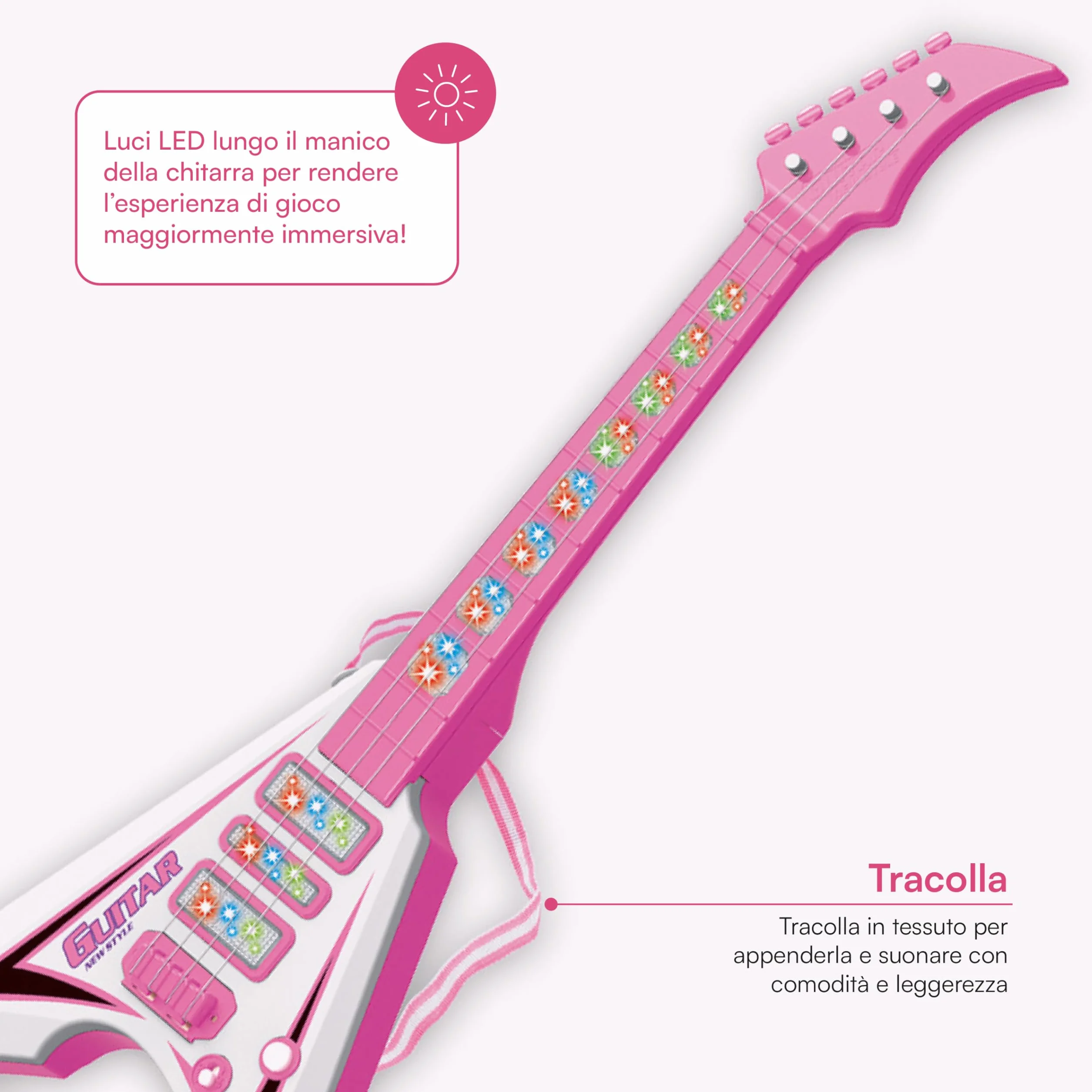 Baroni Toys Chitarra per Bambin e Bambini, 3+ Anni con Luci, Giocattolo Musicale con Effetti Sonori e Luminosi, Chitarra Elettrica Musicisti, Rosa, 22x5.5x55cm
