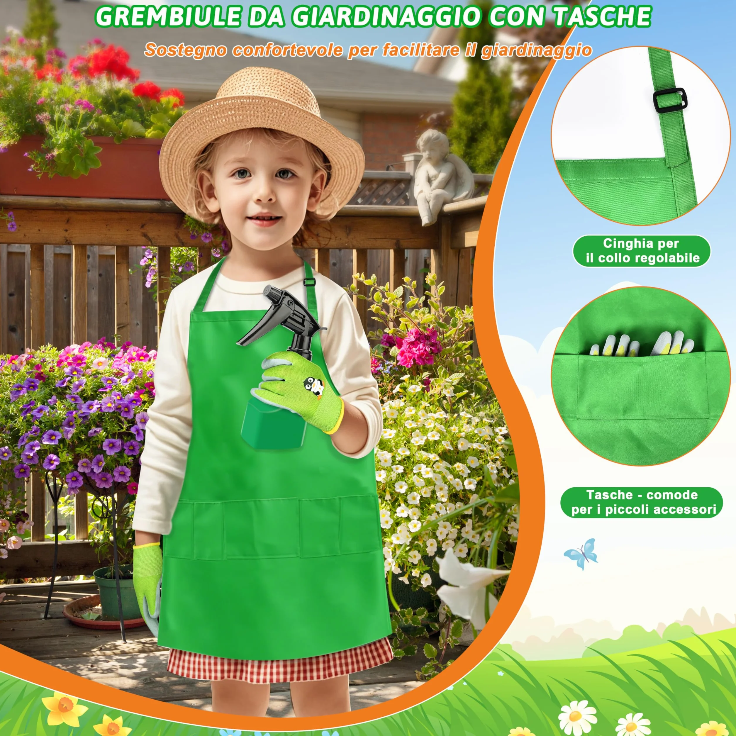 IEEILULU Attrezzi da Giardinaggio Bambini, Giocattoli da Giardino con Pala Guanti Grembiule e Annaffiatoio, Set di Attrezzi da Giardinaggio per Ragazzi e Ragazze dai 3 Anni (Verde)