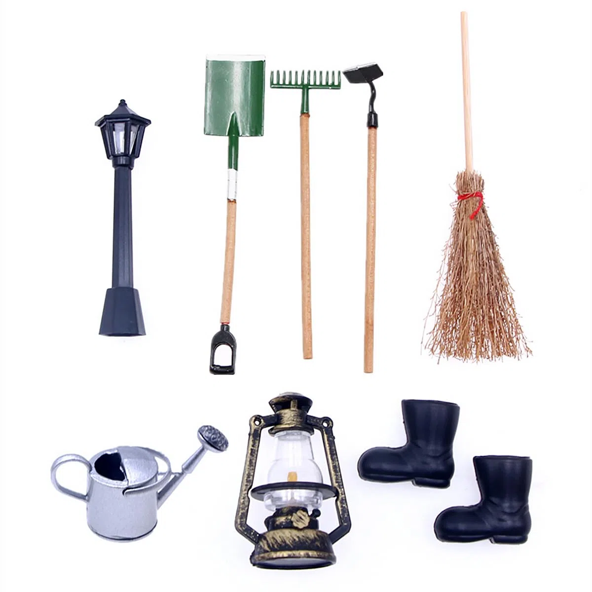 Set di 8 attrezzi da giardino per casa delle bambole in miniatura Mini ornamento Mobili da giardino con lampione Spazzatrice Scopa Vanga Pestello Rastrello ecc.