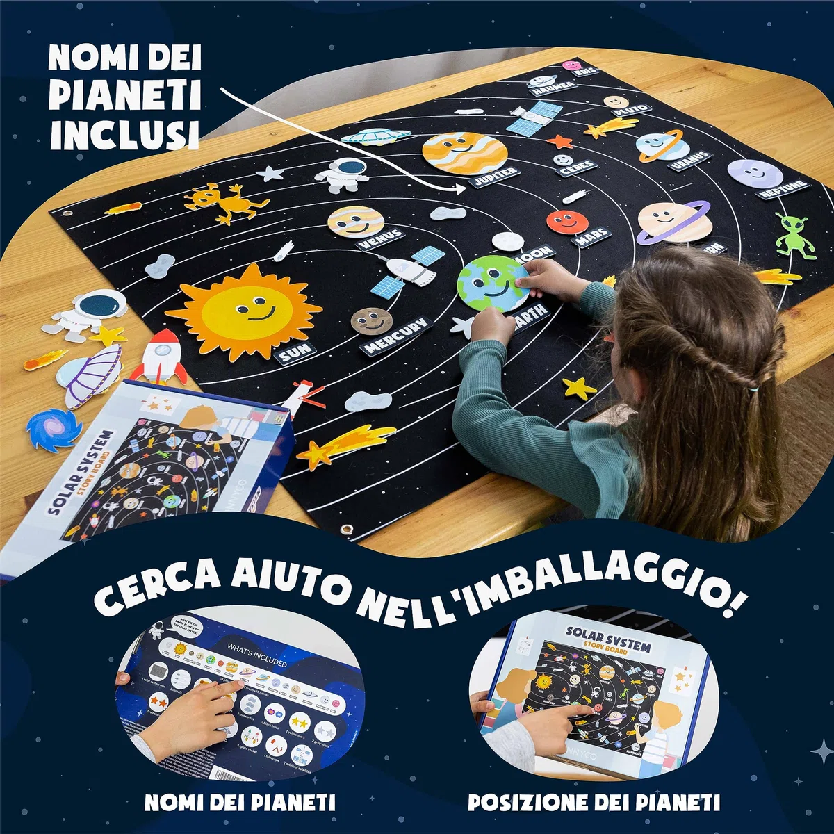 BONNYCO Sistema Solare per Bambini con 61 Figure in Feltro. Pianeti Sistema Solare Bambini, Giochi Bambino Bambina 3 4 5 6 7 8 Anni. Planetario Giochi Educativi Montessori, Regalo Giocattoli Natale