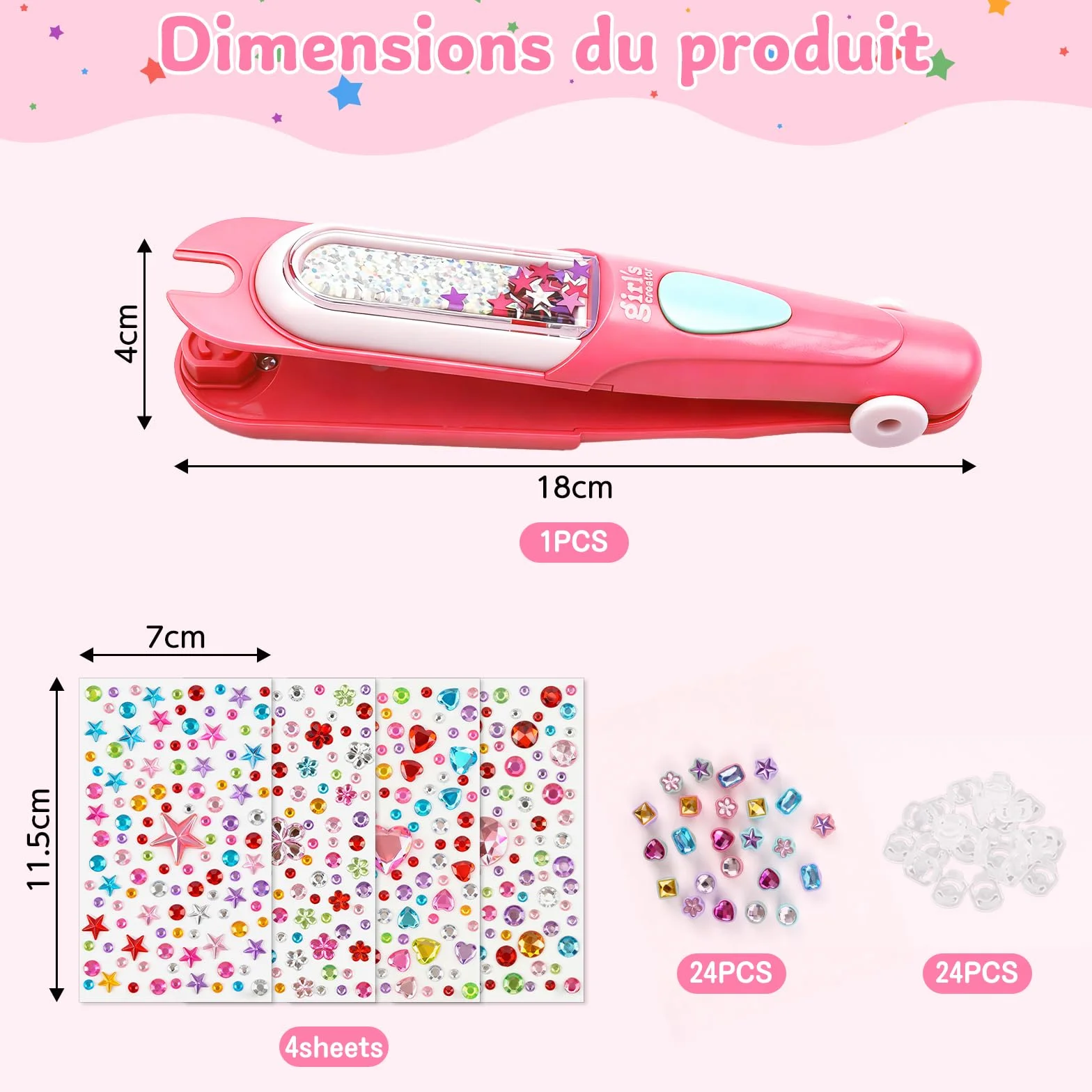 Leikedun Diamond Styler - Set di acconciature creative per ragazze, con 24 gemme e 4 adesivi, kit styling glamour, giocattolo regalo di compleanno per ragazza 4-12 anni