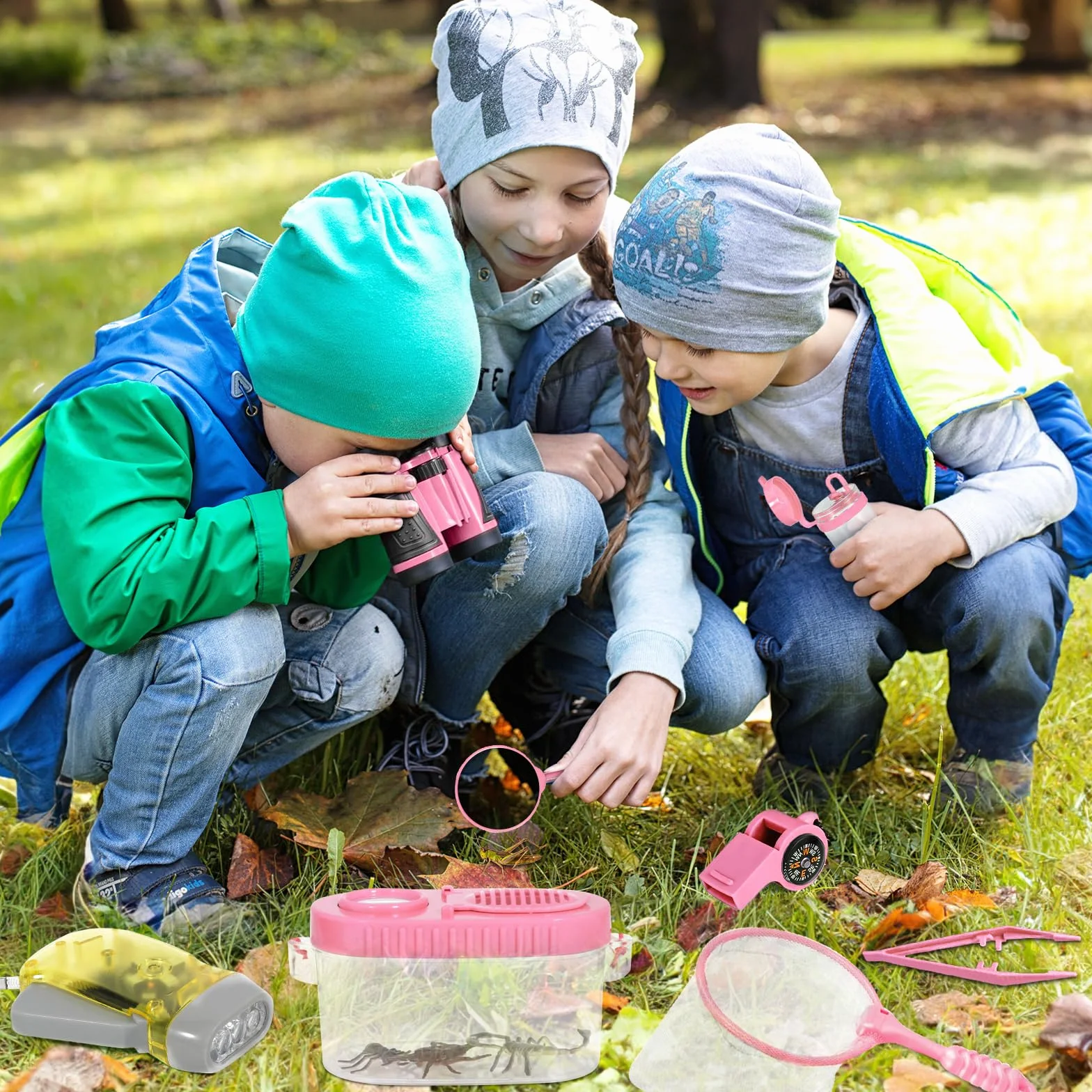 23 PCS Kit Esploratore Bambini, Set di Esplorazione per Bambini, Set Explorer Outdoor Giocattoli, con Binocolo, Cappello, Gilet, per età 3+, Anni, Kit di esplorazione Regalo (Rosa)