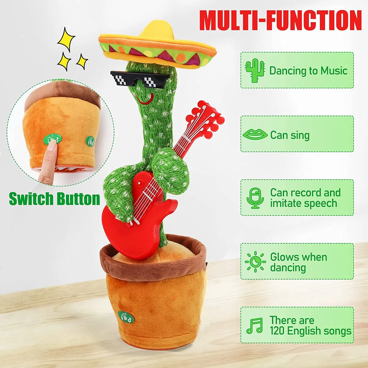 Shengruili Peluche Cactus, Cactus parlante, Cactus coccolone, Giocattoli di Peluche Cactus danzanti, Registrazione di Bambole di Peluche per Imparare a Parlare, Peluche di Cactus