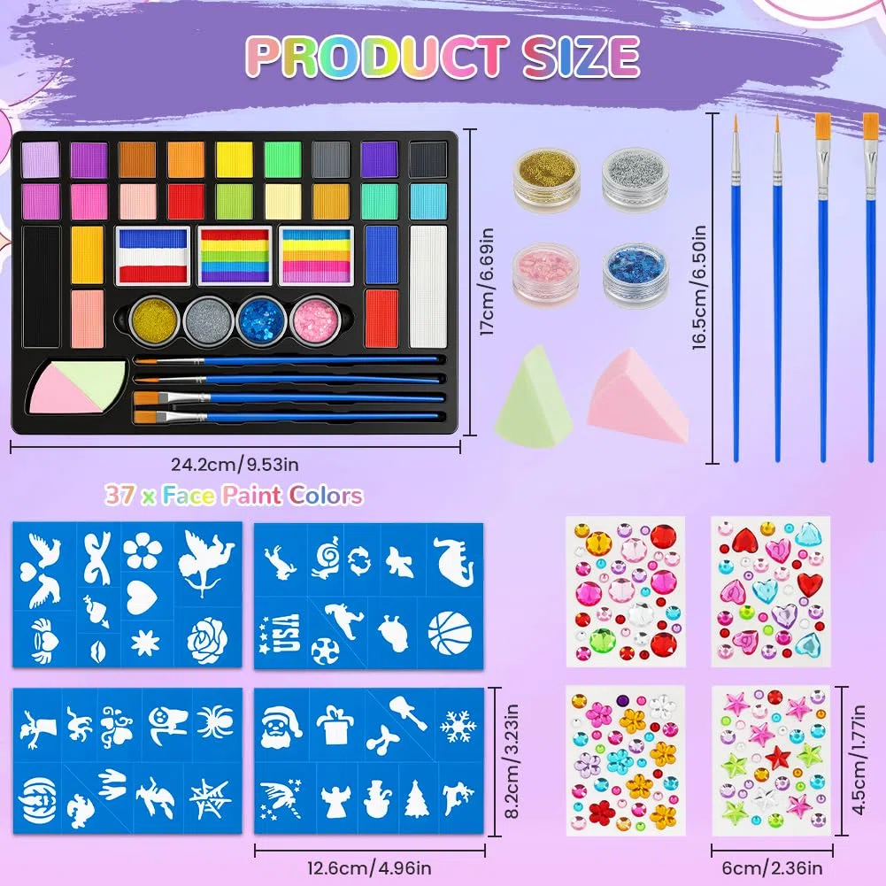 Truccabimbi Trucco per Bambini, 24 Colori Trucco Viso Bambini con 4 Pennelli, 40 Adesivo per Tatuaggi, 4 Stencil a Diamante, Body Painting per Halloween Carnevale Feste Natale