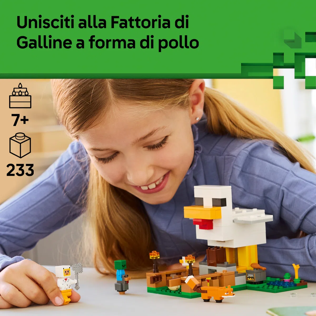 LEGO Minecraft Fattoria di Galline - Giocattolo da Costruire con Minifigure di un Fan della Gallina, Mob di un Baby Zombie e di una Volpe - Regalo per Gamer, Bambini e Bambine da 7 Anni in su - 21585