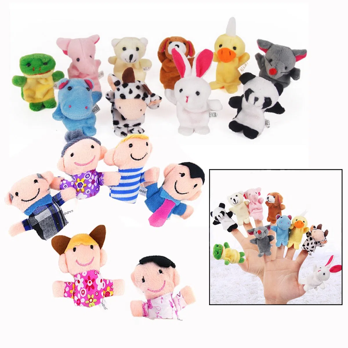 16 Pezzi Marionette Dita in Velluto,Burattini a Dito con 10 Animali e 6 Famiglie