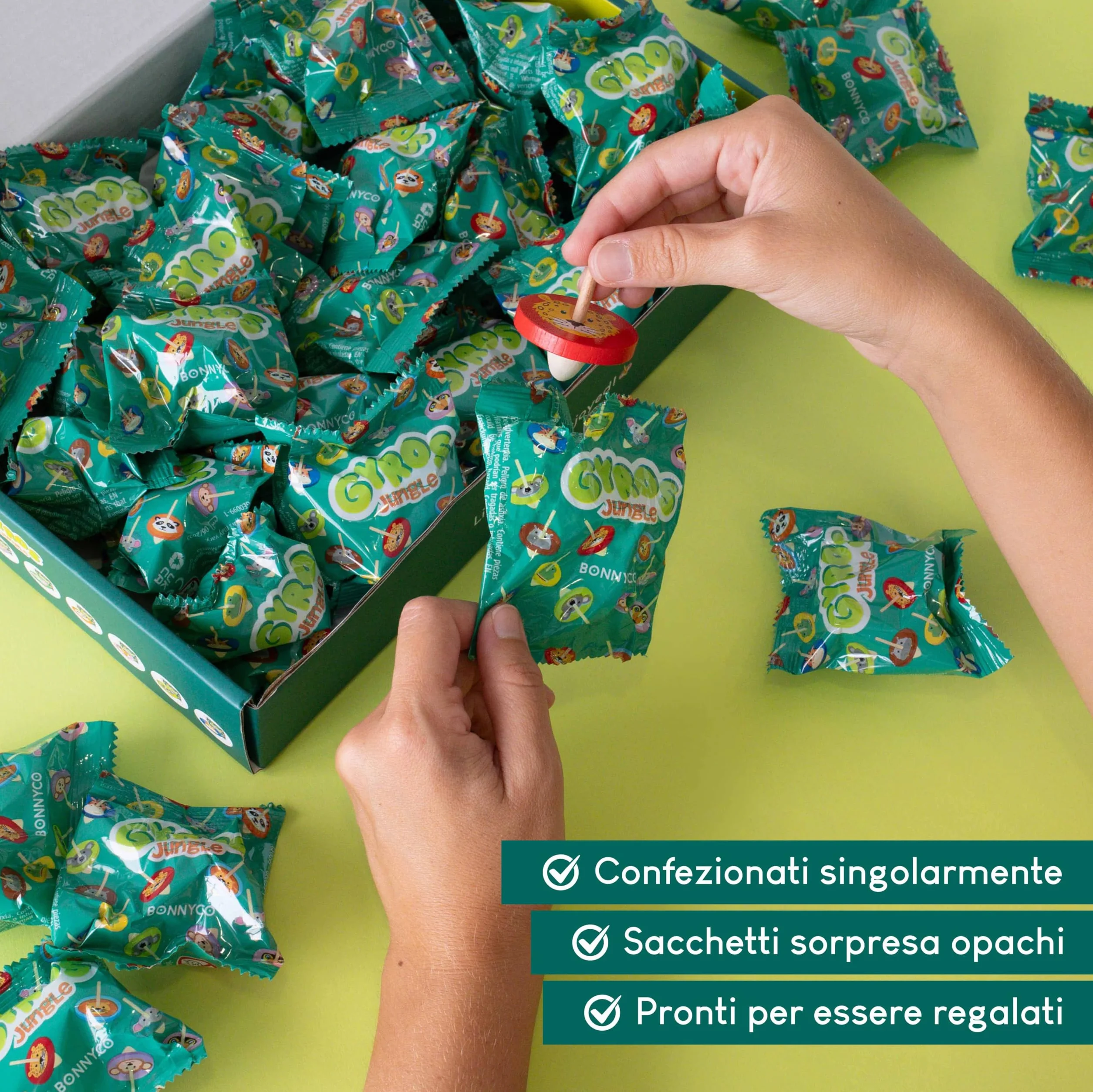 BONNYCO Trottola Bambini Legno Pack 40 Animali Giungla. Trottole Gadget Compleanno Bambini, Mini Giochi Regalini Fine Festa Compleanno. Regalino Fine Festa Dopo Invitati, Pensierini Giochini Scuola
