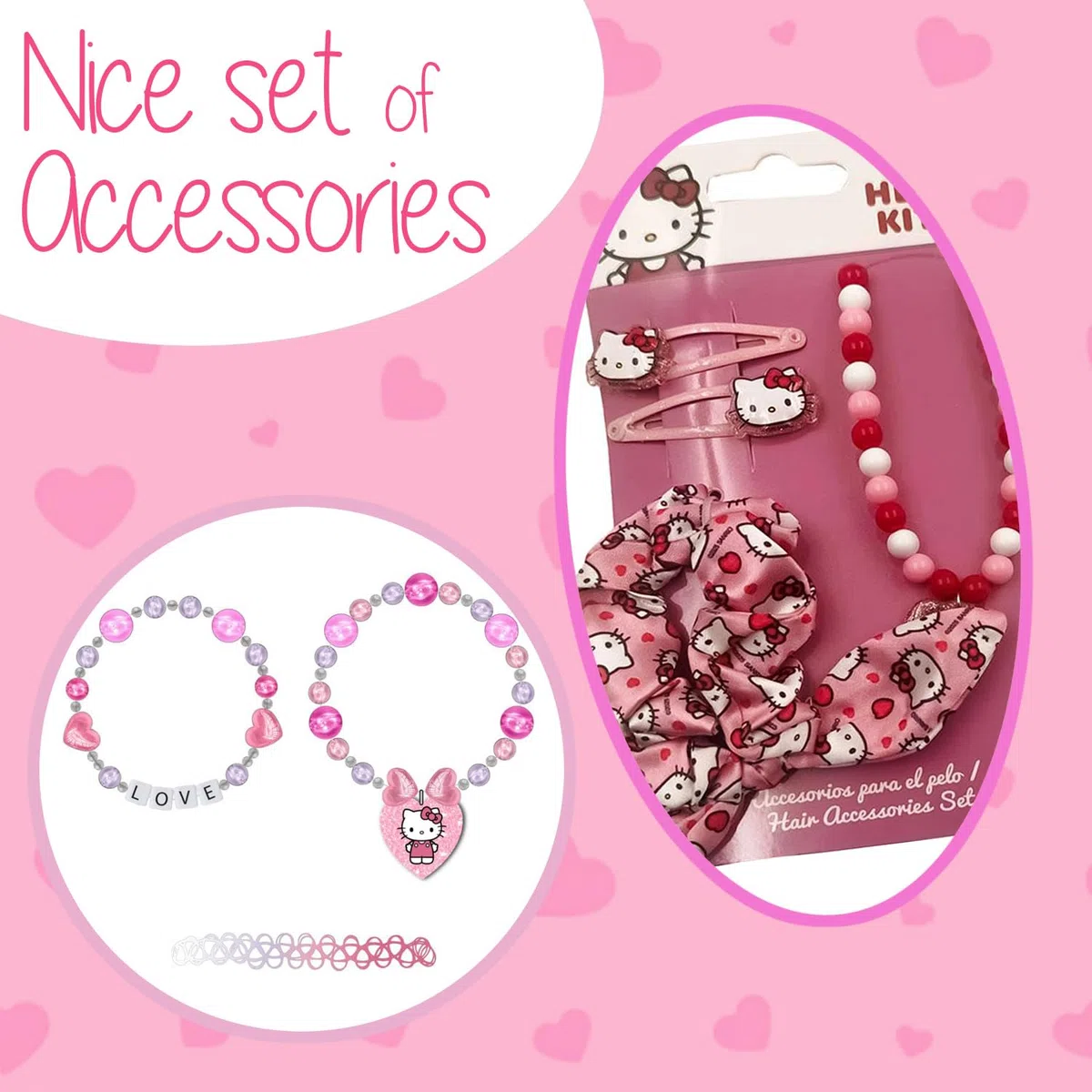 Hello Kitty - Set di gioielli e accessori per capelli da ragazza, 2 bracciali, collane con perle, tiranti e pinze, set moda per bambini, idea regalo per ragazza Hello Kitty
