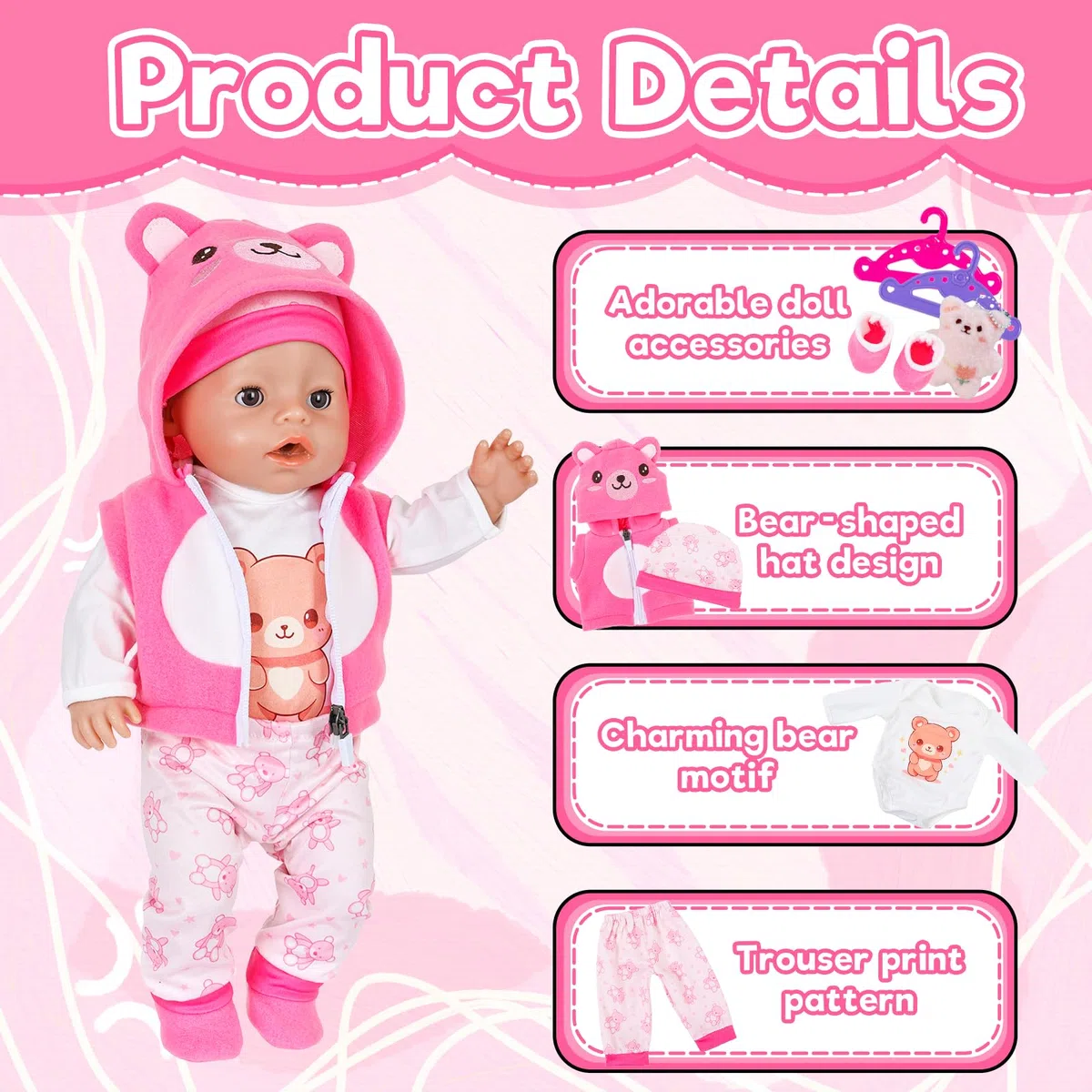 Vestiti per bambole da 35 a 43 cm, 8 pezzi rosa orsacchiotto, accessori per bambole con pagliaccetto, pantaloni con cappuccio, scarpe con orsetto, bambola, 2 grucce per bambole da 14 a 18 pollici