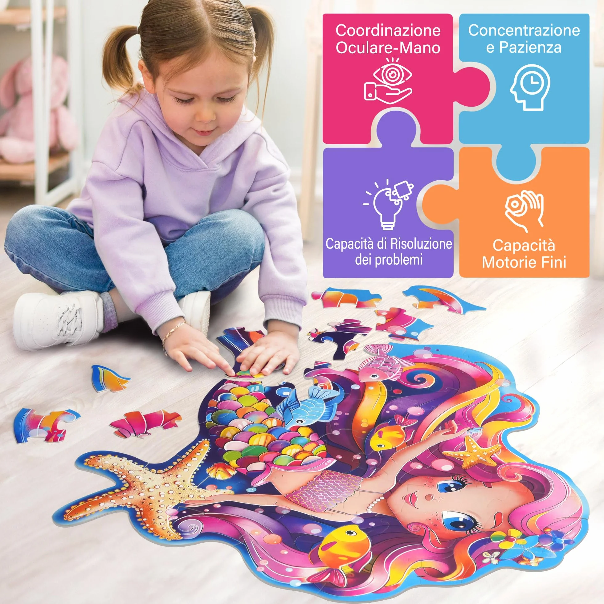 Puzzle Bambini 4 Anni XXL Sirene 52 Pezzi 66 x 70 cm Giochi Educativi 3-8 anni