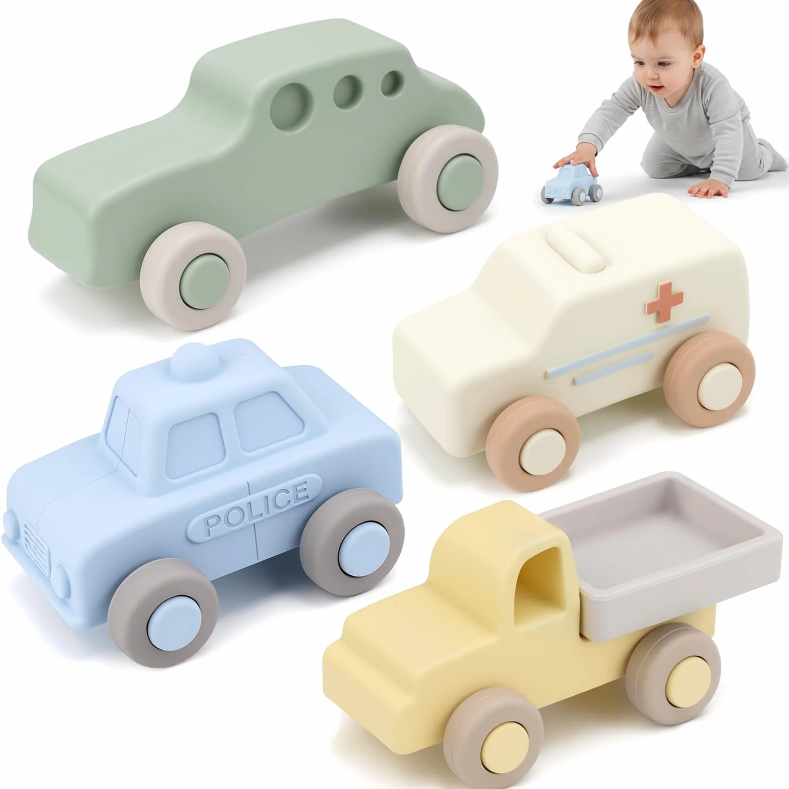 Vanplay Macchinine per Bambini, Giochi Bambini 1 Anno Giochi Montessori 6 Mesi+ Silicone Dentizione Neonato Regalo Bambino 1 Anno (4 Pezzi)