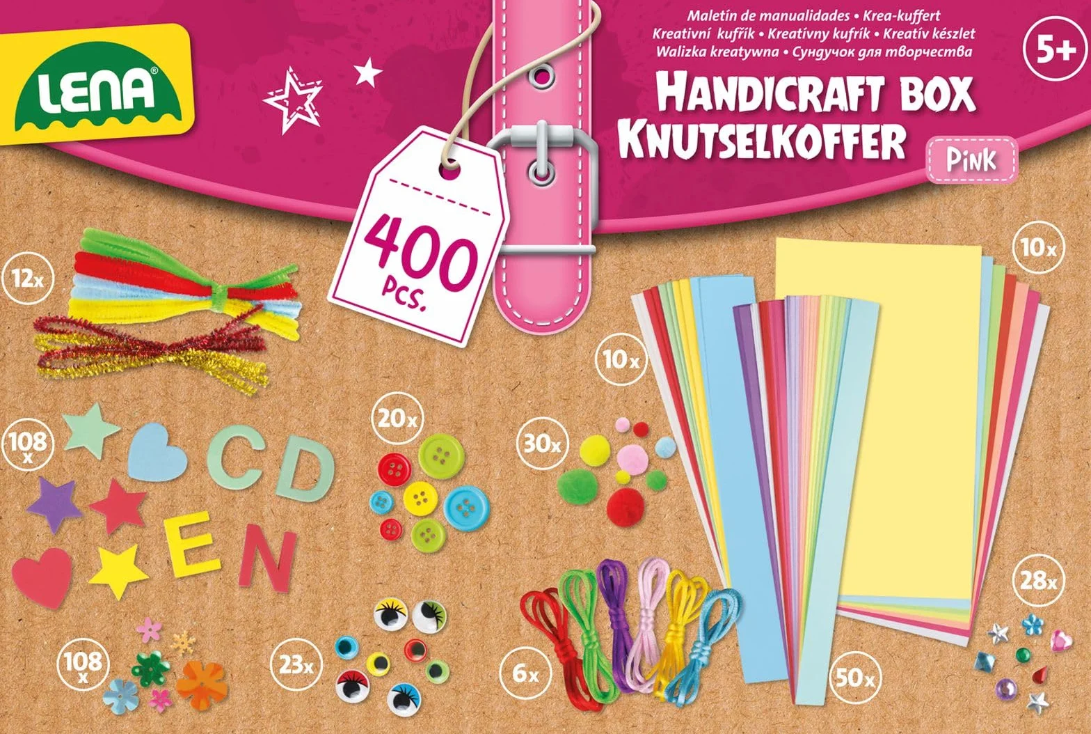 Lena 42714 - Valigetta per bricolage, con Carta Colorata, Gomma espansa, detergente per Pipe, Strass, Occhi oscillanti, Pompon, Bottoni e Molto Altro Ancora, per Bambini dai 5 Anni in su, 400 Rosa e