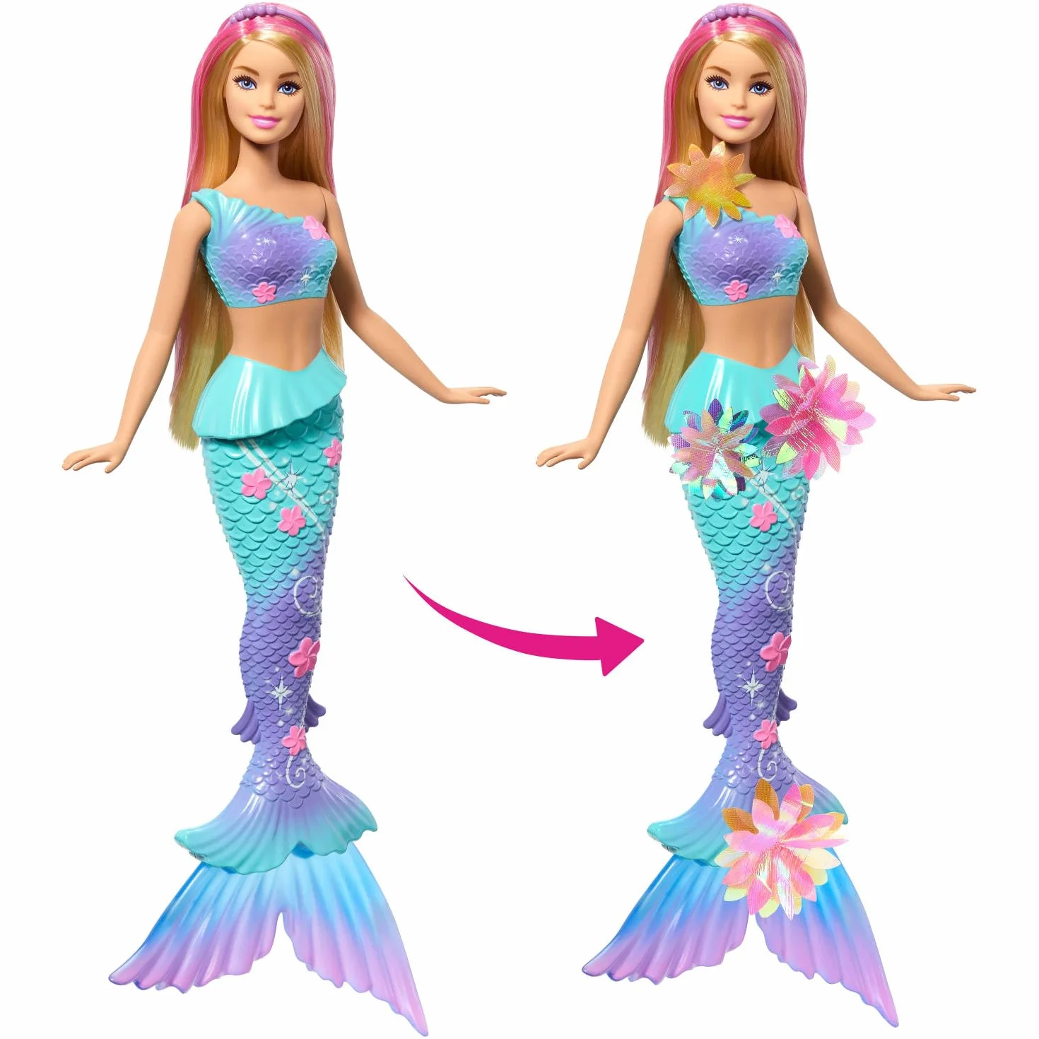 Barbie - Sirena Magia Floreale, bambola dai capelli biondi con coda sfumata e fascia con perle, magica sorpresa e fiori che sbocciano inclusi, giocattolo per bambini, 3+ anni, JDM72, Viola