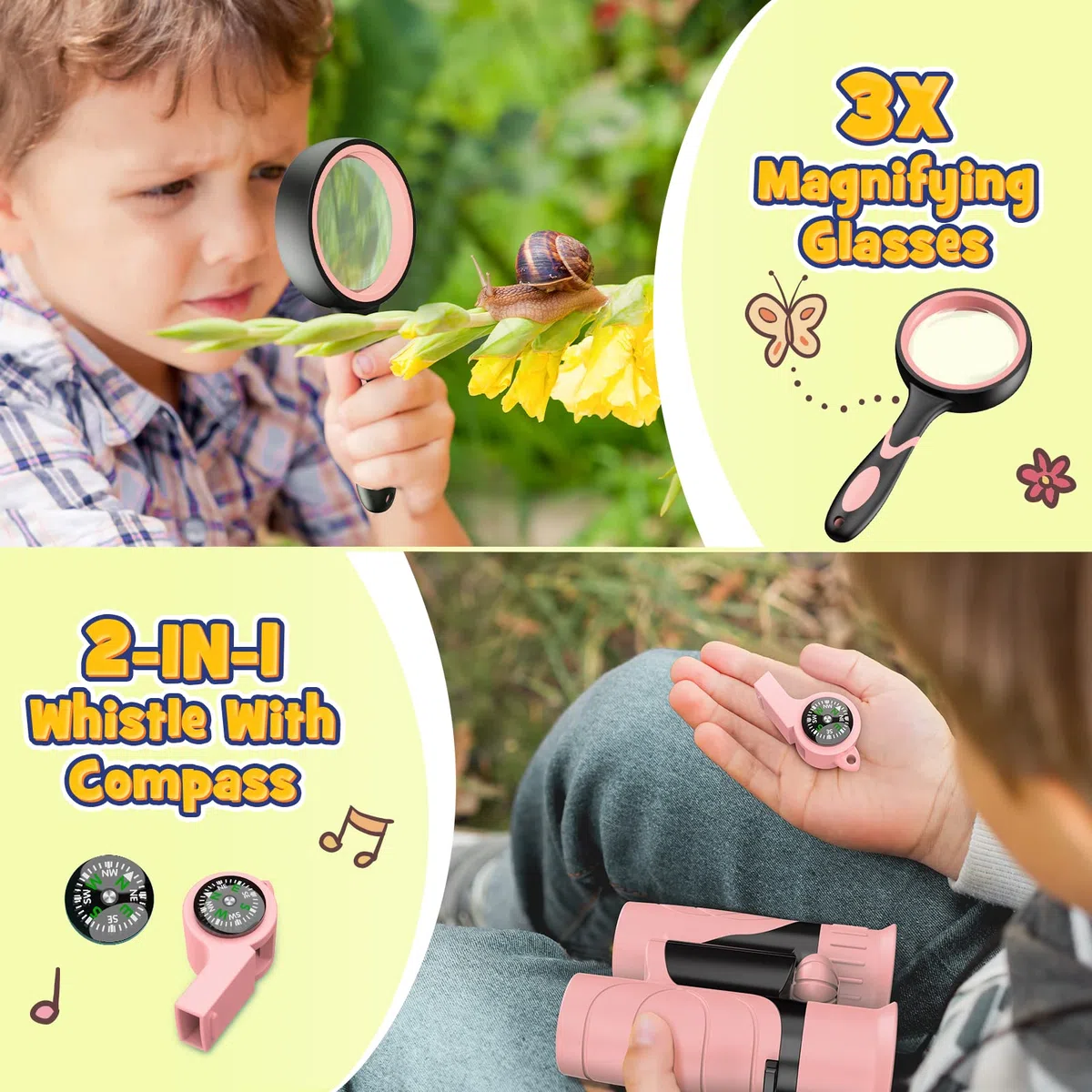 Dislocati Regali Bambini 3-10 Anni, Binocolo Giocattoli Kit Esploratore per Compleanno, Lente Ingrandimento
