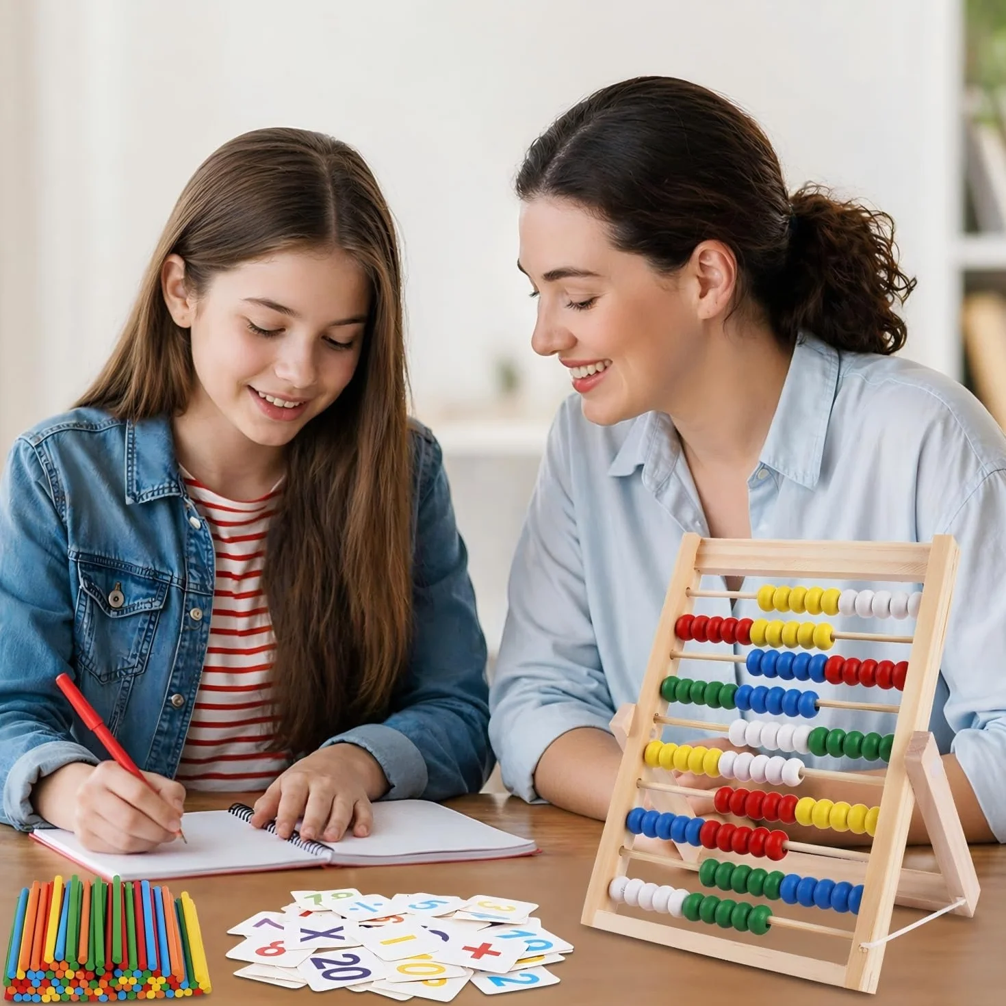 Pallottoliere per Bambini, Abaco Scuola Primaria, Abaco Legno Calcolatrice Gioco, Abaco Piccolo, Abaco Legno Montessori con 100 Bastoncini di Conteggio e Carte Numeriche