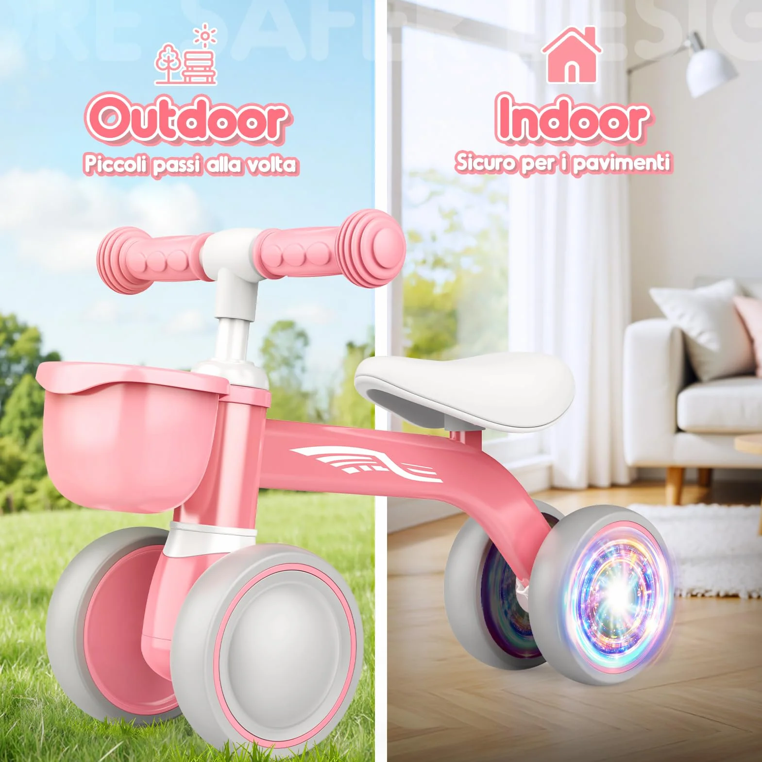HappyGoLucky Bicicletta Bambini 12-24 Mesi con Cestino, Ruote Colorate, Ultra Leggero, Bicicletta Senza Pedali Giochi Bambina 1 2 Anni, Balance Bike Regalo Bambino 1 Anno, Primo Regalo di Compleanno