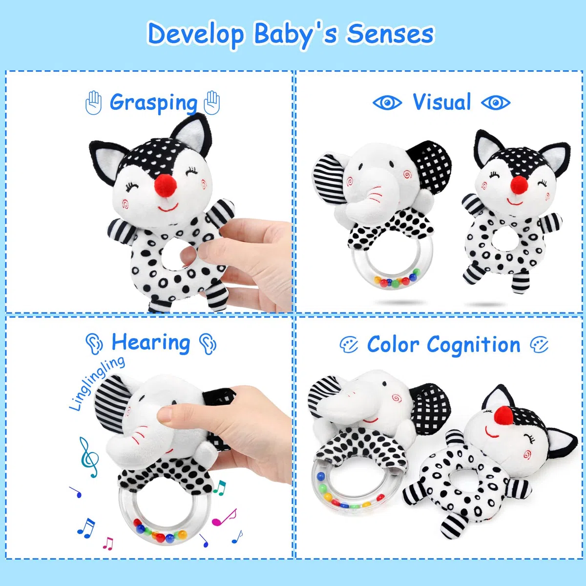 JoyLife Giochi Neonato 0 3 6 Mesi, Sonaglio Neonato Bianco e Nero, Alto Contrasto Sensoriale Neonati Giocattoli, Giocattoli Morbidi a Sonagli Regalo per 3 6 9 12 Mesi Ragazzi e Ragazze