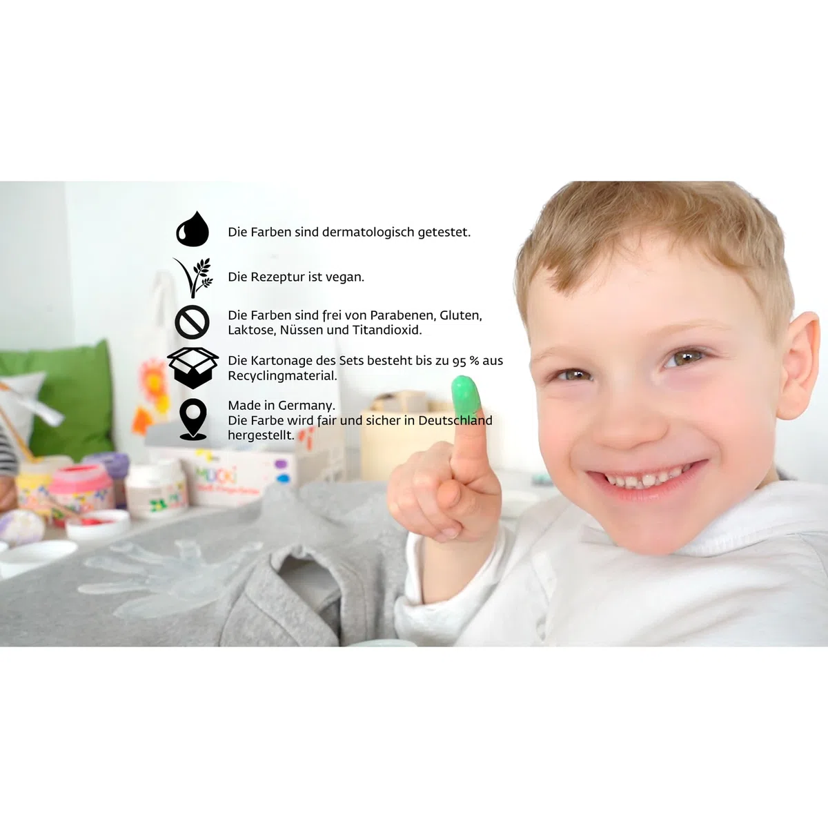 KREUL 28420, Mucki Colori per Dita Tessili, 6 x 150 ml bianco, giallo, rosso, verde, blu, viola, colori brillanti a base d’acqua per bambini da 2 anni