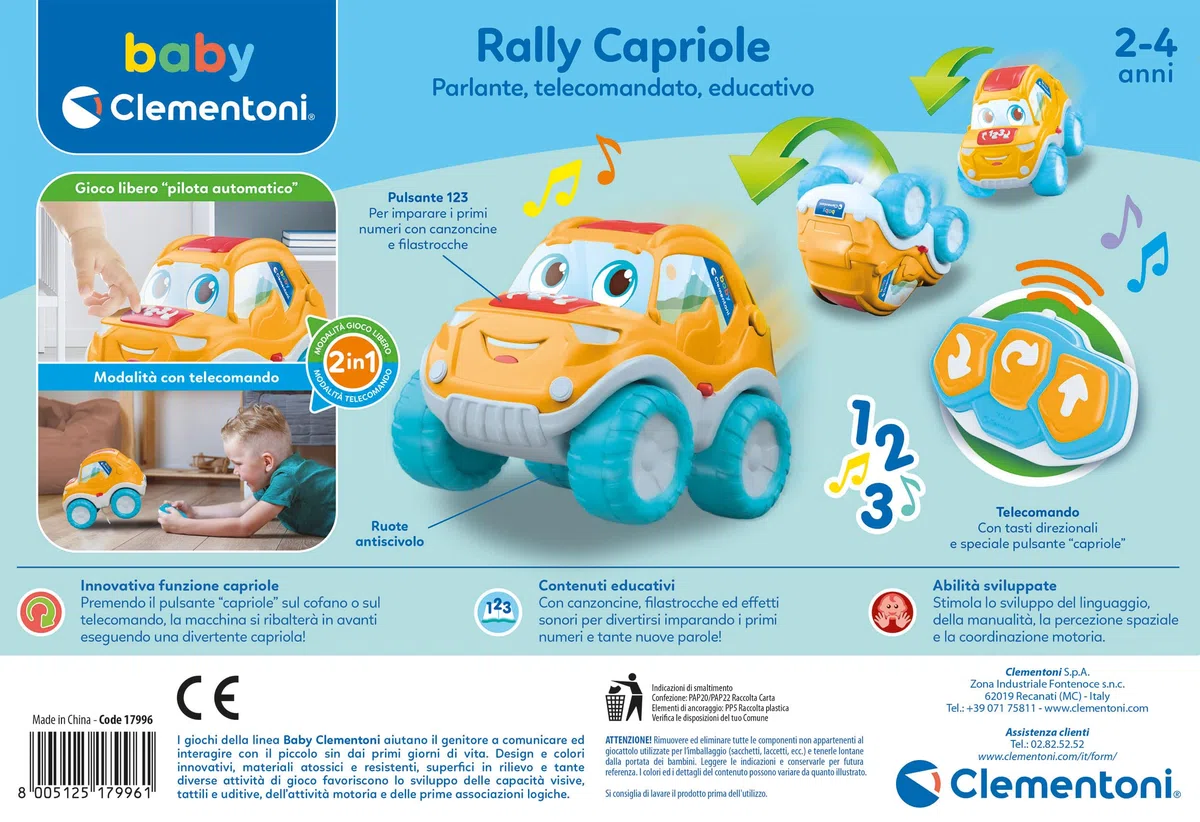 Clementoni Baby Rally Capriole, Macchinina Bambino 2-4 Anni, Gioco Prima Infanzia, Macchina Telecomandata con Suoni e Canzoni, Stimola Manualità, Linguaggio e Coordinazione, Lingua Italiana, 17996