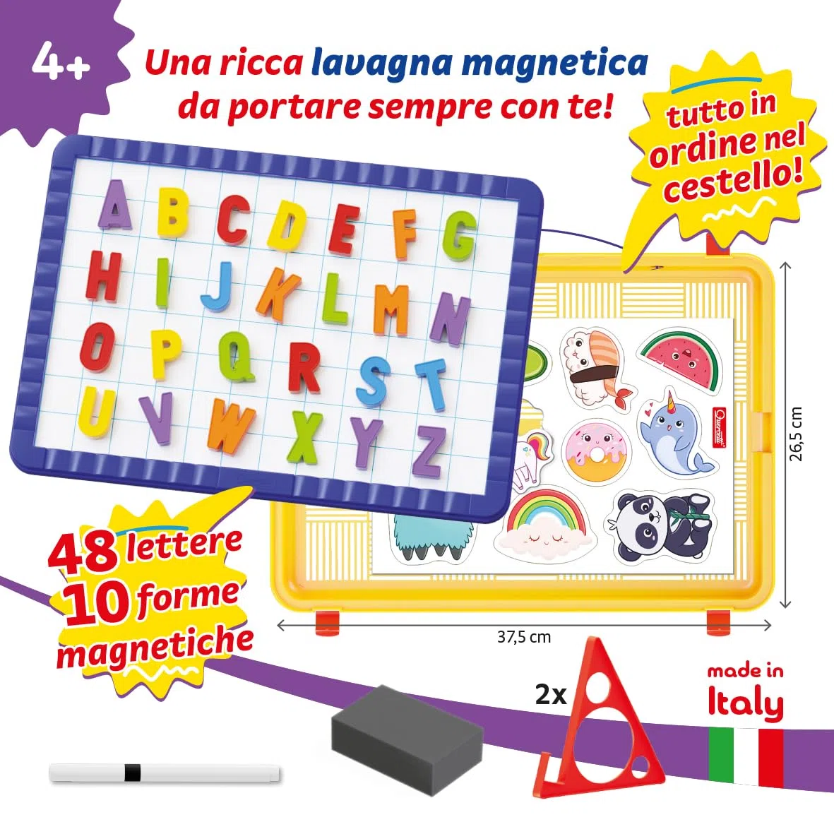 Quercetti Magnetino Letters Lavagna per Bambini 4-8 Anni con Lettere Magnetiche per Bambini, Lavagna Cancellabile con Piedini, Giochi Educativi, Made in Italy