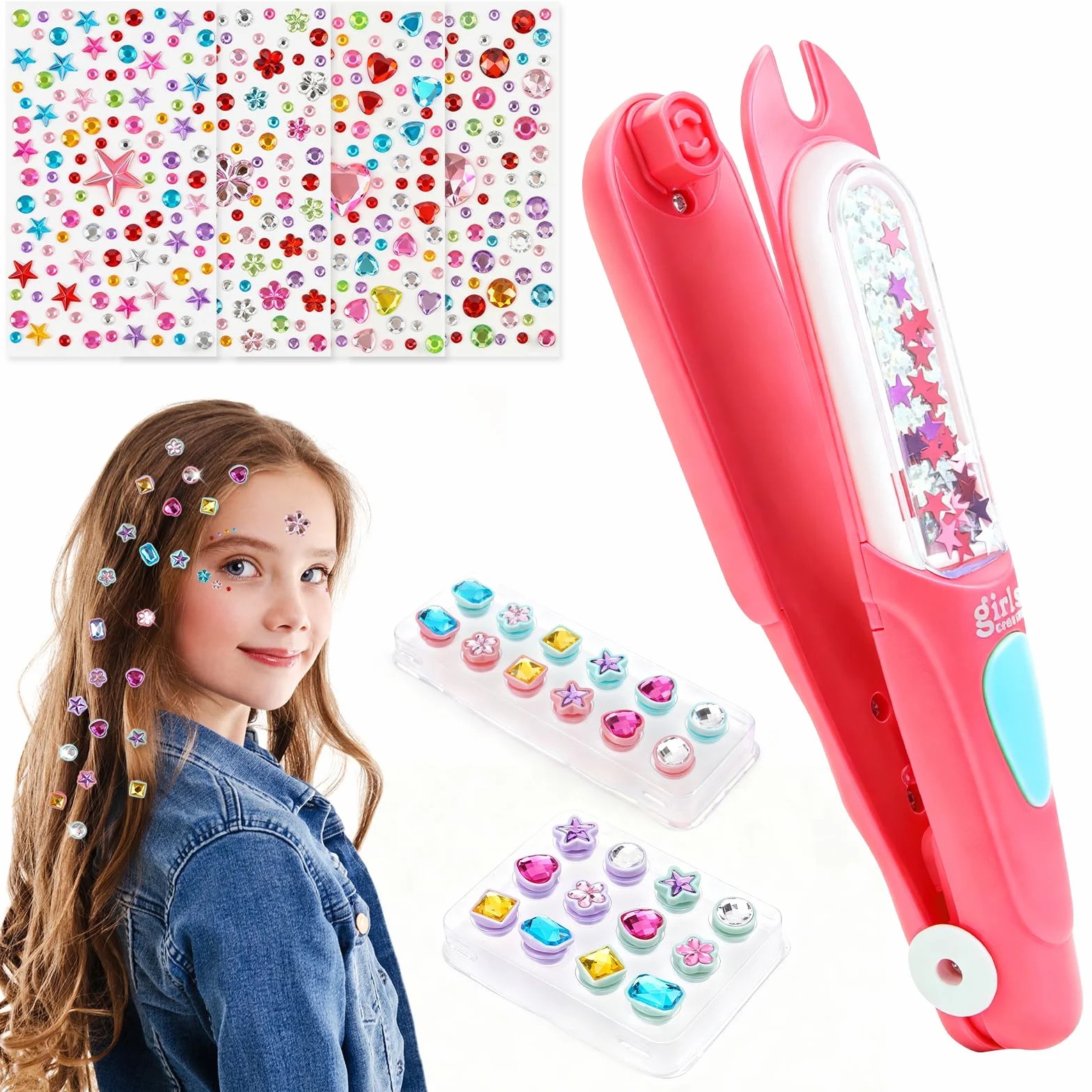 Leikedun Diamond Styler - Set di acconciature creative per ragazze, con 24 gemme e 4 adesivi, kit styling glamour, giocattolo regalo di compleanno per ragazza 4-12 anni