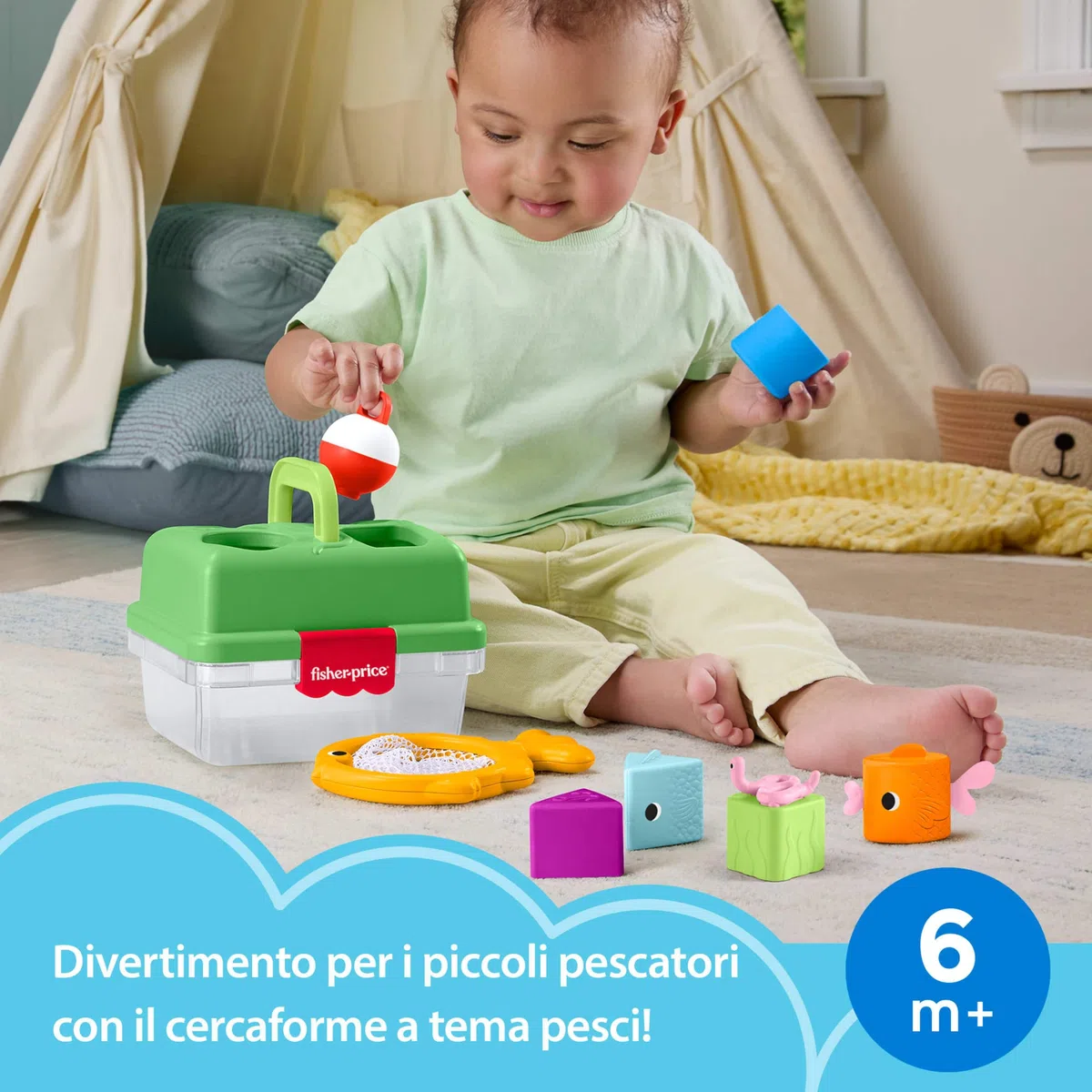 Fisher-Price - Cassetta Amici della Foresta, Set a Tema Pesca con retino e 6 Blocchi a Forma di Pesci, attività di Scelta per sviluppare la capacità di risoluzione dei Problemi, 6+ Mesi, JLB85