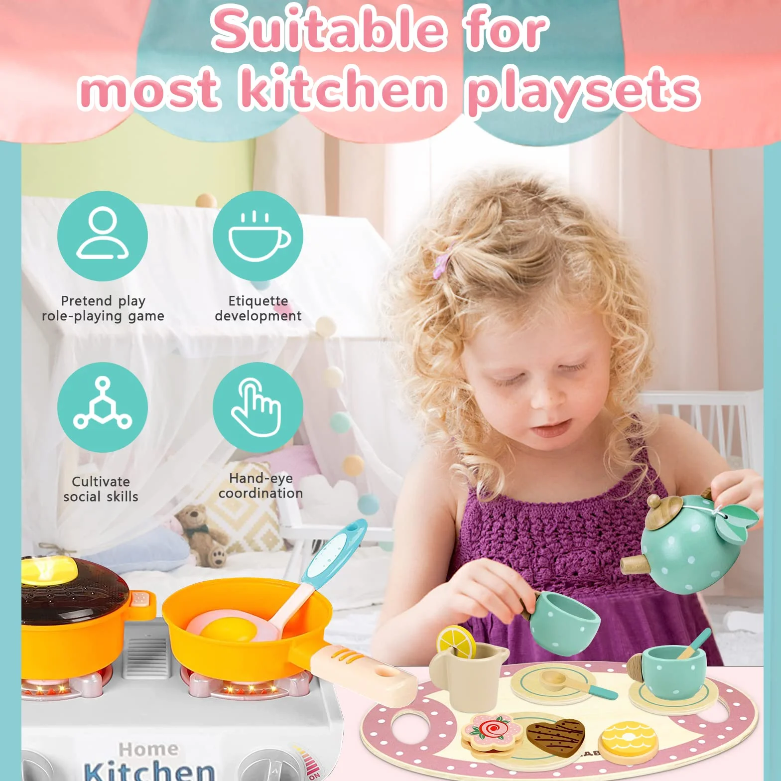 Airlab Set Tazzine Gioco per Servizio da Tè, Accessori Cucina Giocattolo Legno per Bambina Bambini, Set Cibo Finto Giocattolo per Cucina Bambini, Regalo Bambino Compleanno Pasqua Halloween Natale