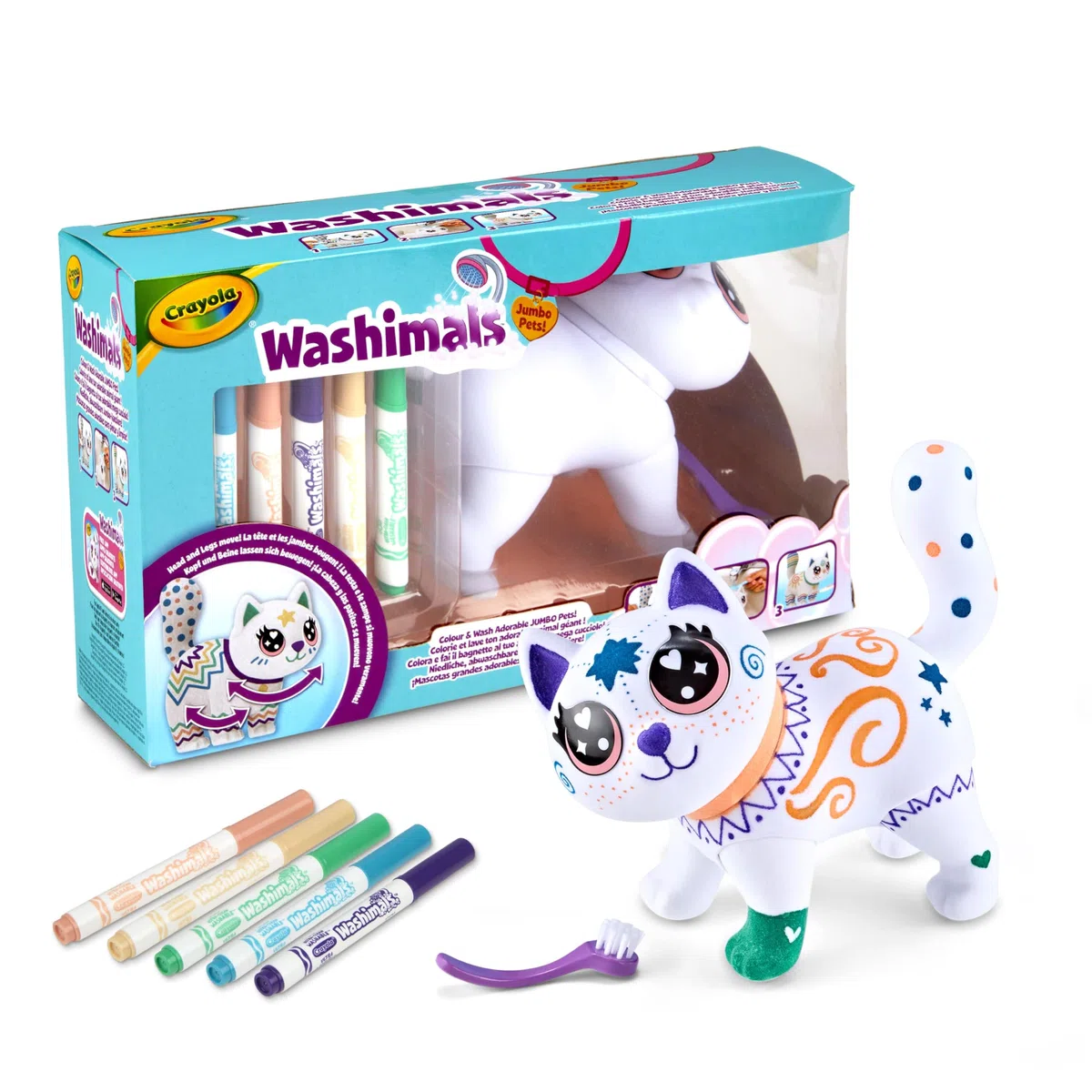 CRAYOLA Washimals Jumbo Pets - Big Jenny, la Grande gattina da Colorare Lavare e Ricolorare, 15 cm, Set con 5 Pennarelli Lavabili e Spazzolina, Gioco e Regalo per Bambini da 3 Anni, 74-7518