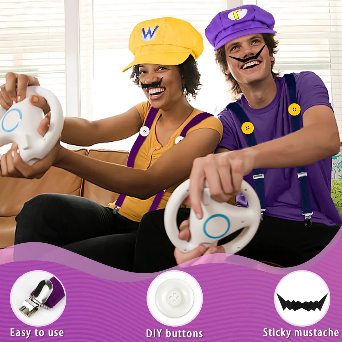 Orgoue Super Brothers Costume Accessori, Super Bros Cappello Baffi Guanti Bottoni Bretelle Set per Adulti Bambini Donne Cosplay