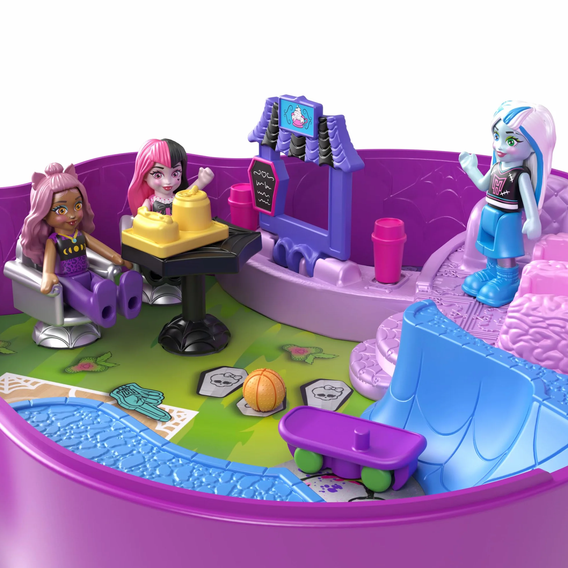 Polly Pocket Monster High - Set Mostramiche, playset scuola superiore con 3 micro bambole Monster High e 10 accessori da paura inclusi, giocattolo per bambini, 4+ anni, HVV58