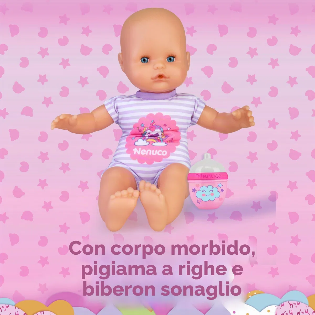 Nenuco -con biberon, bambola morbida con biberon sonaglio e con un pigiama a righe con stampa di unicorni, per bambine/I dai 12 mesi, (Famosa NFN87000)