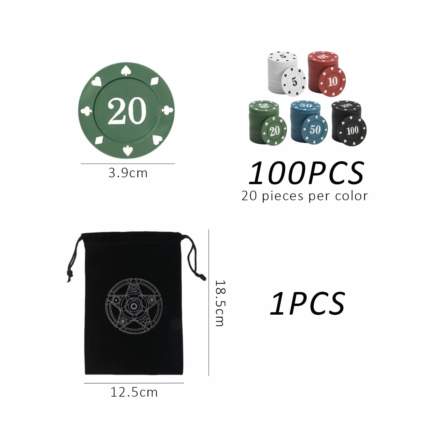 100 fiches da poker con 5 colori e borsa portaoggetti